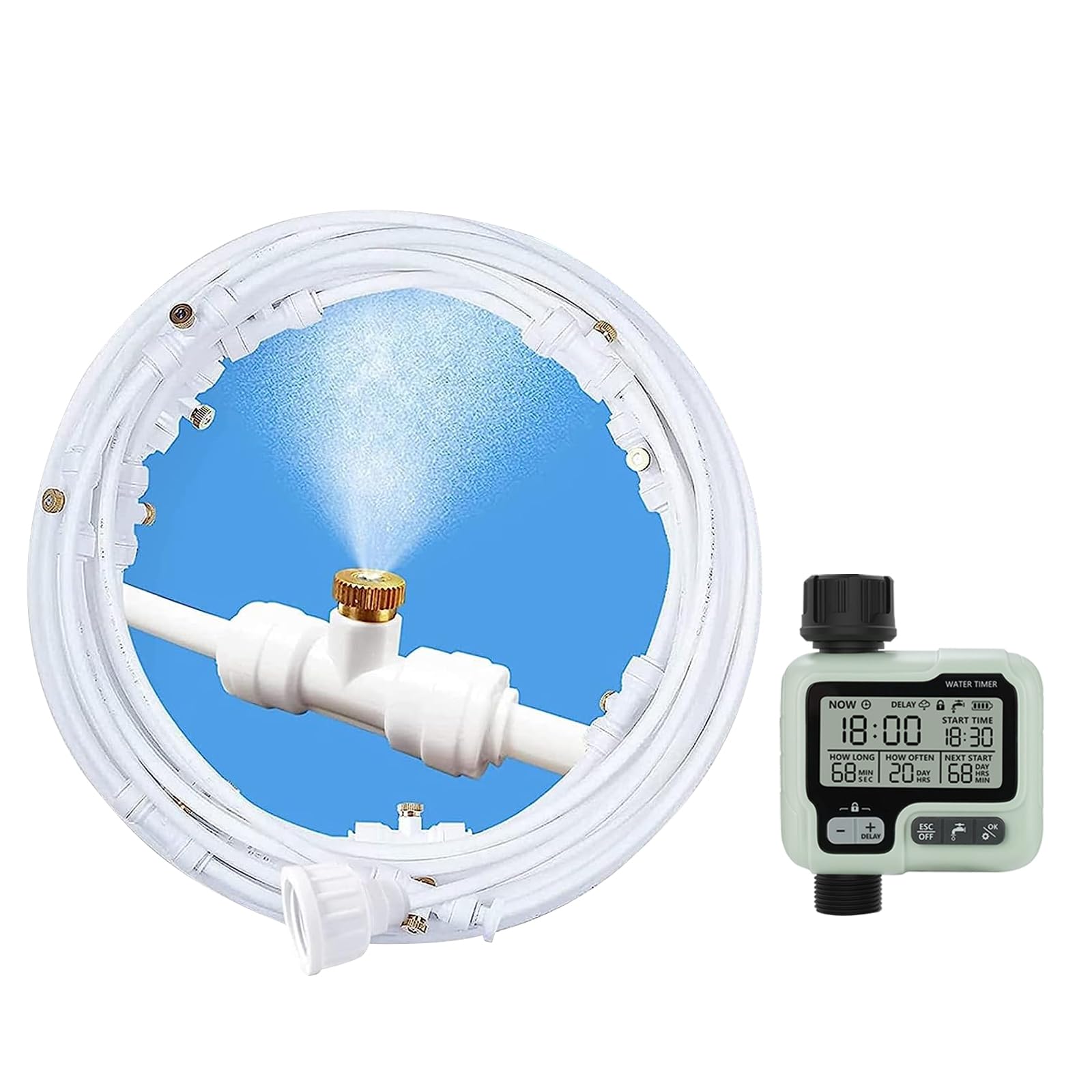 POCKET PANDA Outdoor Misting System with Hose Timer - 50Ft Cooling Water Mist Hose for Patio, Garden & Yard - Programmable Watering for Hot Weather (Black/White) | Perfect for Summer BBQs, Poolside Relaxation & Outdoor Dining