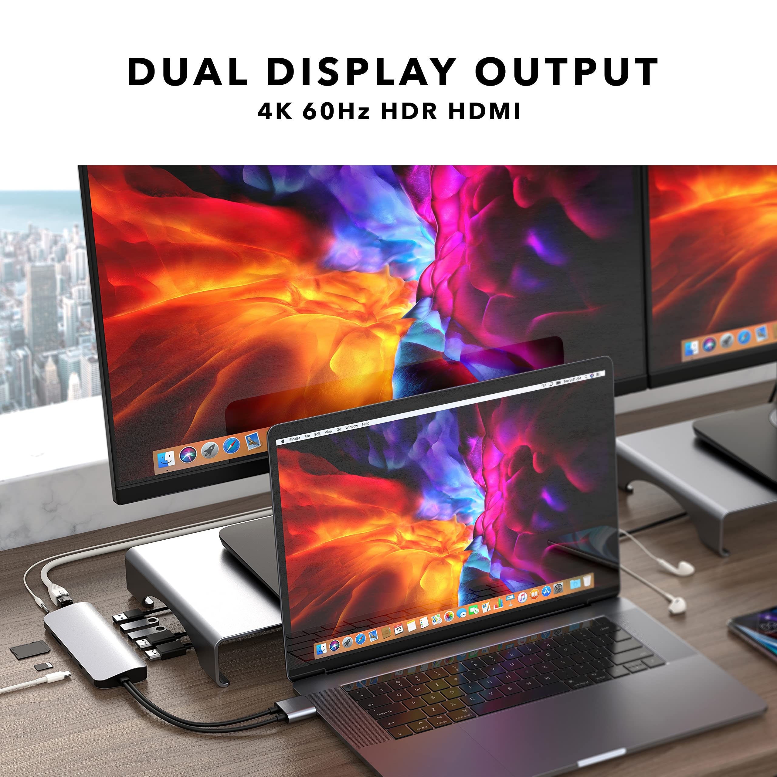 HyperDrive 10-in-2 USB C Docking Station for MacBook Pro/Air - Dual HDMI 4K@60Hz Monitor Support, 60W USB-C Power Delivery, Gigabit Ethernet, Dual USB-C Hub Adapter - Compatible with M1 MacBook, Chromebook (Gray) - Perfect for Home Office, Video Editing & Multi-Tasking