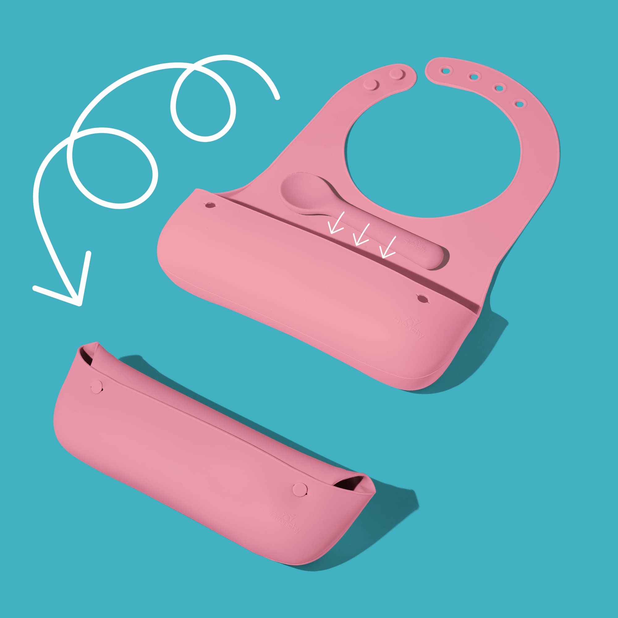 Avanchy Roll & Go Silicone Baby Bib with Spoon - BPA Free, Dishwasher Safe, Soft & Durable for Mess-Free Feeding - Perfect for Travel, Home & Restaurants