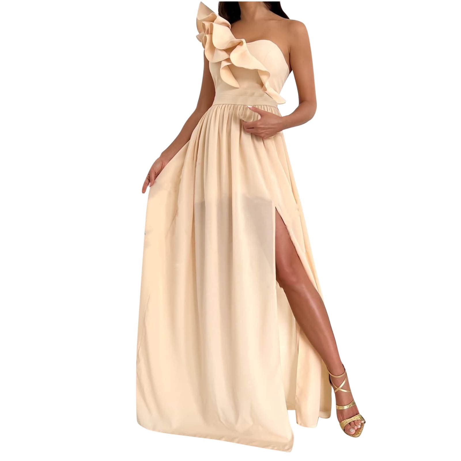 2022 Women's Summer Dresses - Sexy One Shoulder Ruffled Slim Fit Solid Color Split Maxi Dress | Beach Vacation, Date Night, Party Outfit
