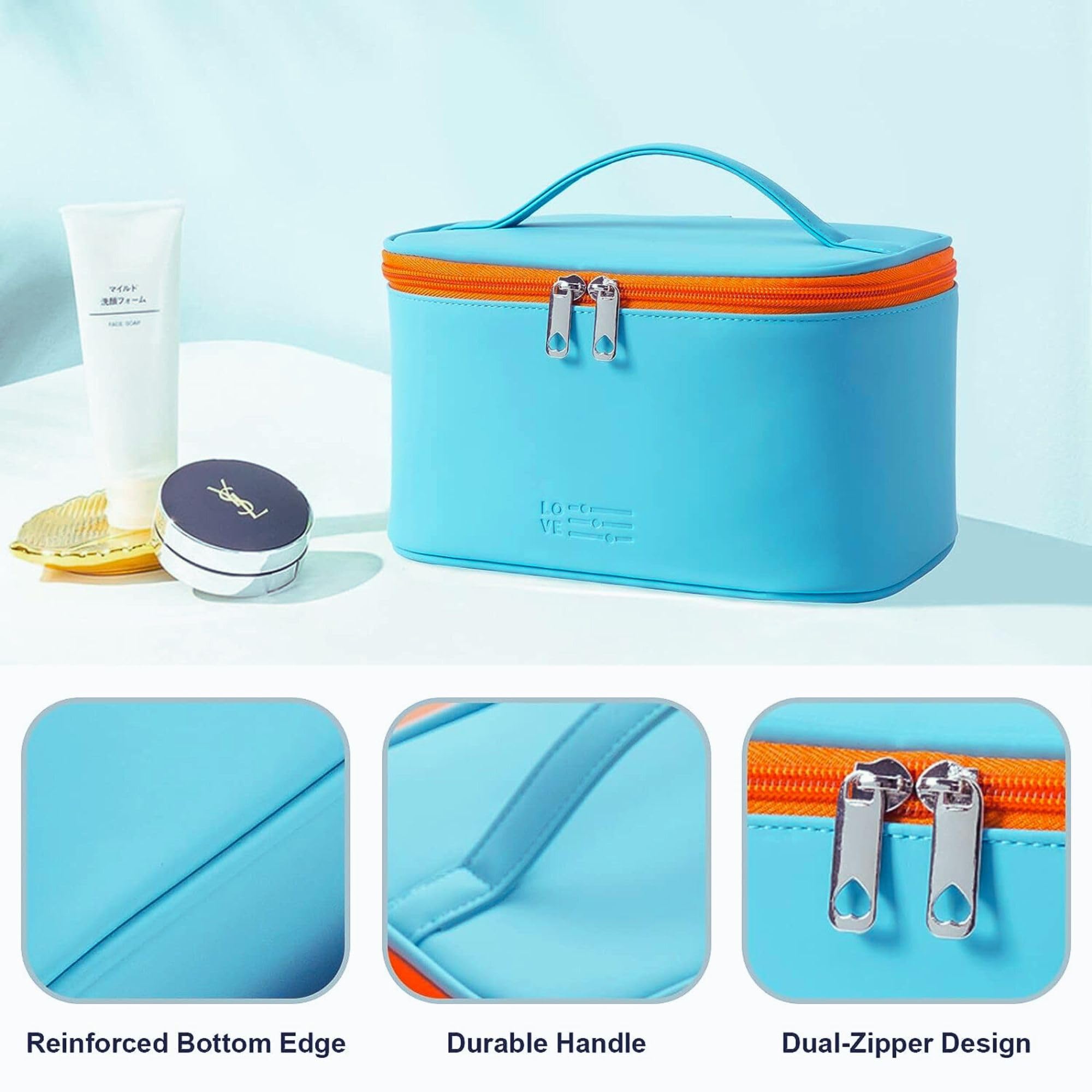 Gowloz Sky Blue Travel Makeup Bag | Waterproof PU Cosmetic Organizer with Reinforced Handle & Smooth Zipper | Portable Toiletry Case for Women & Girls | Perfect for Air Travel, Gym, Beach Trips & Daily Use (1-Piece Set)