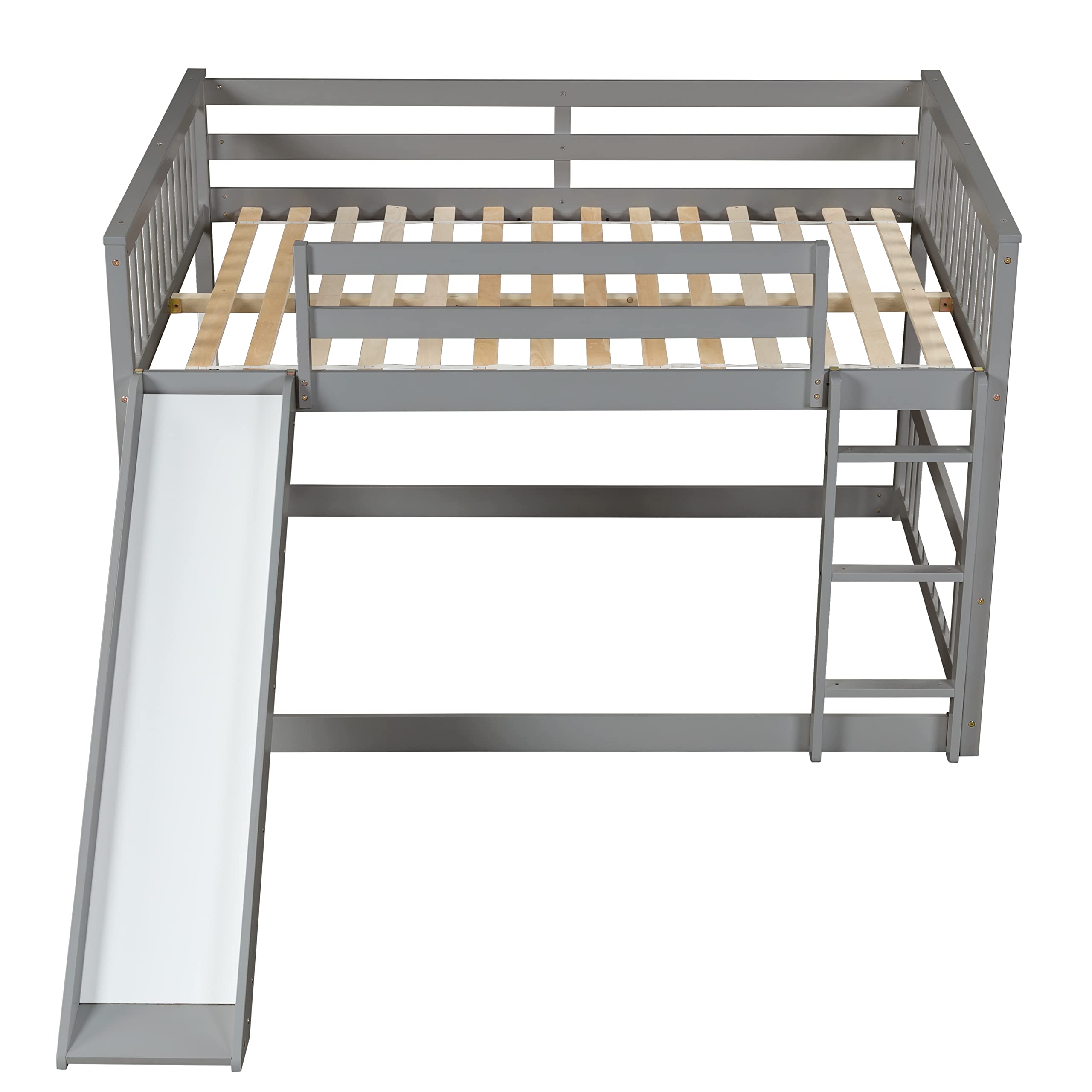 SOFTSEA Full Over Full Bunk Bed with Slide & Ladder - Low Profile Kids Bunk Bed with Safety Guardrails - Solid Wood Frame Twin Bunk Bed in Gray - Perfect for Small Bedrooms, Kids' Rooms & Sleepovers
