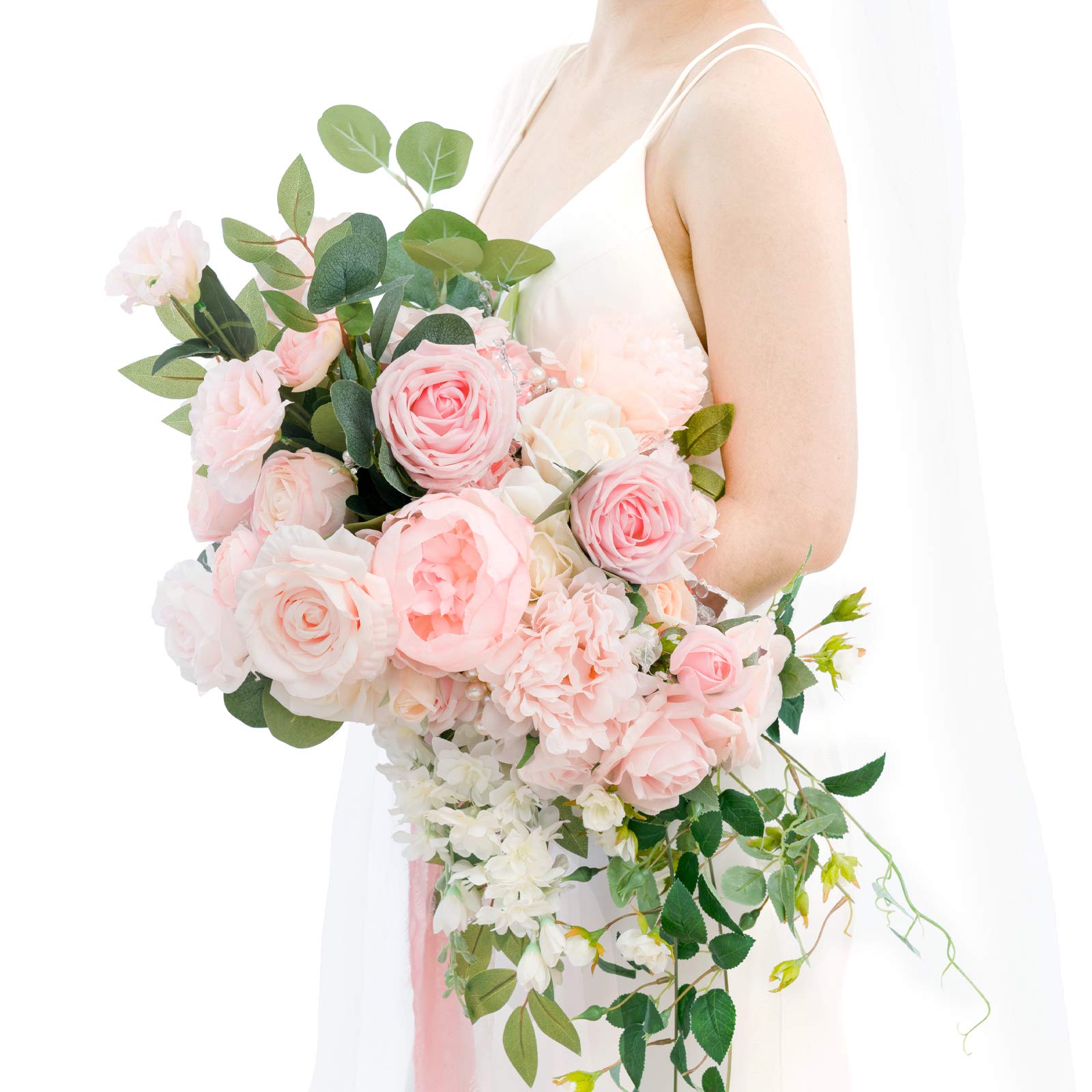 Ling's Moment 17 Inch Blush Pink Artificial Bridal Bouquet - Cascading Wedding Bouquet for Brides, Bridesmaids, Wedding Ceremony, Anniversary & Photo Shoots - Perfect for Rustic, Vintage & Boho Wedding Themes