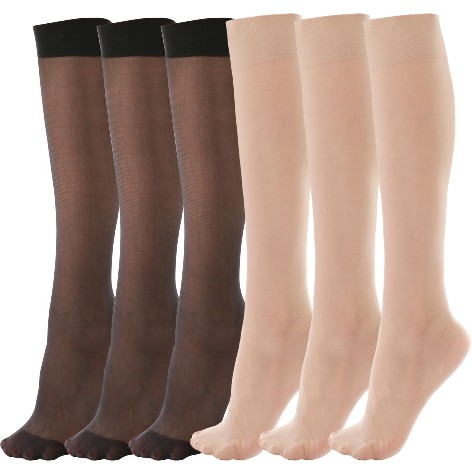6 Pairs Women's Knee High Stockings - 20 Denier Nylon Sheer Socks with Reinforced Toe (Black & Nude, One Size) - Perfect for Office, Dress & Everyday Wear