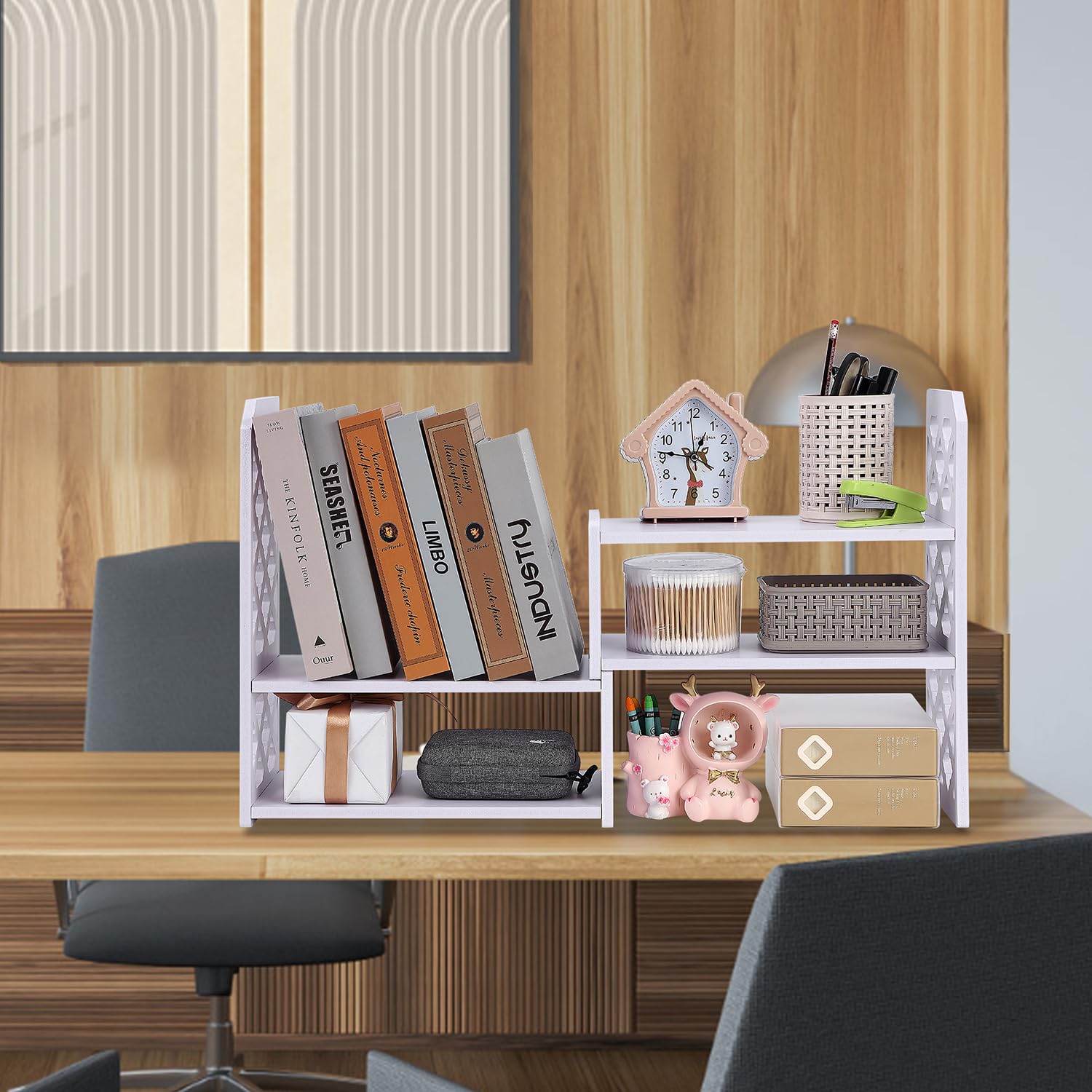 Felmis Desktop Organizer Shelf - Adjustable PVC Office Desk Storage for Books, Makeup & Home Decor | Perfect for Dorm, Office & Small Space Organization