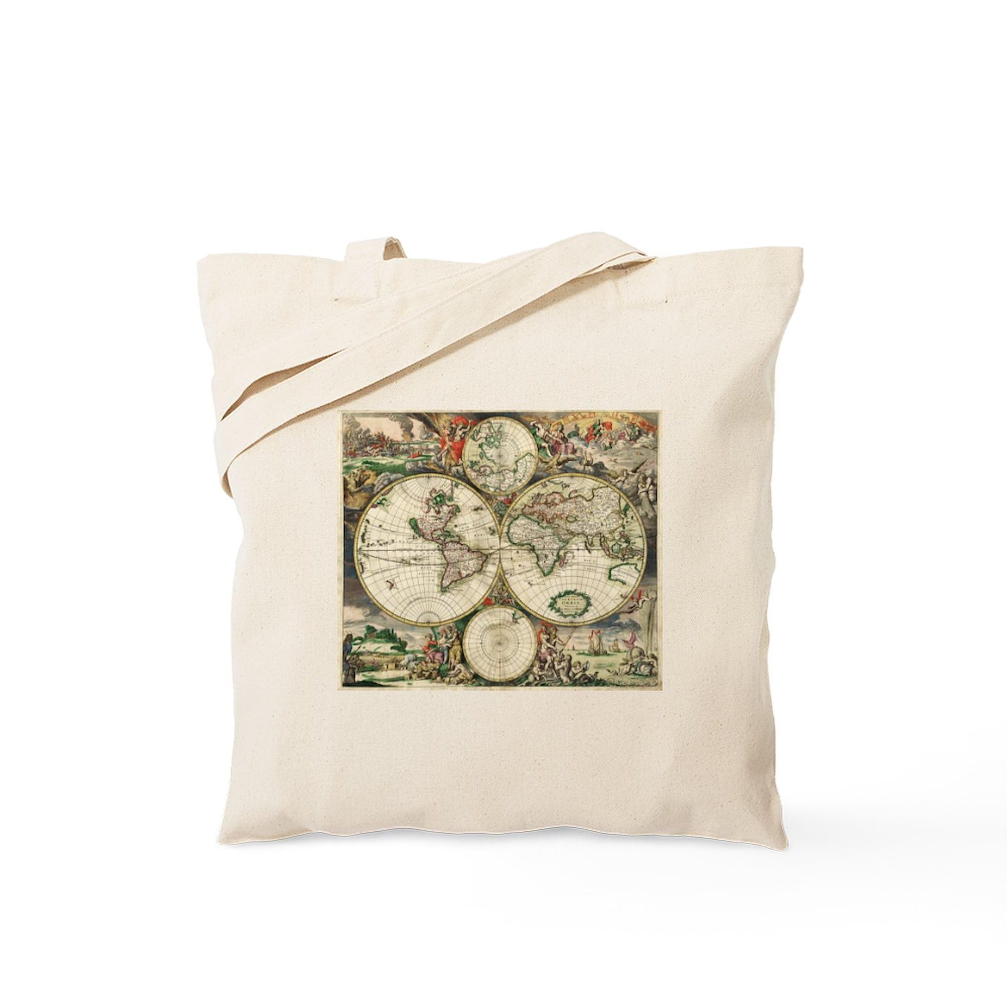 Vintage Map Tote Bag - Natural Canvas Reusable Shopping Bag with Large Pockets | Eco-Friendly Grocery Tote for Travel, Beach, Work & Daily Use