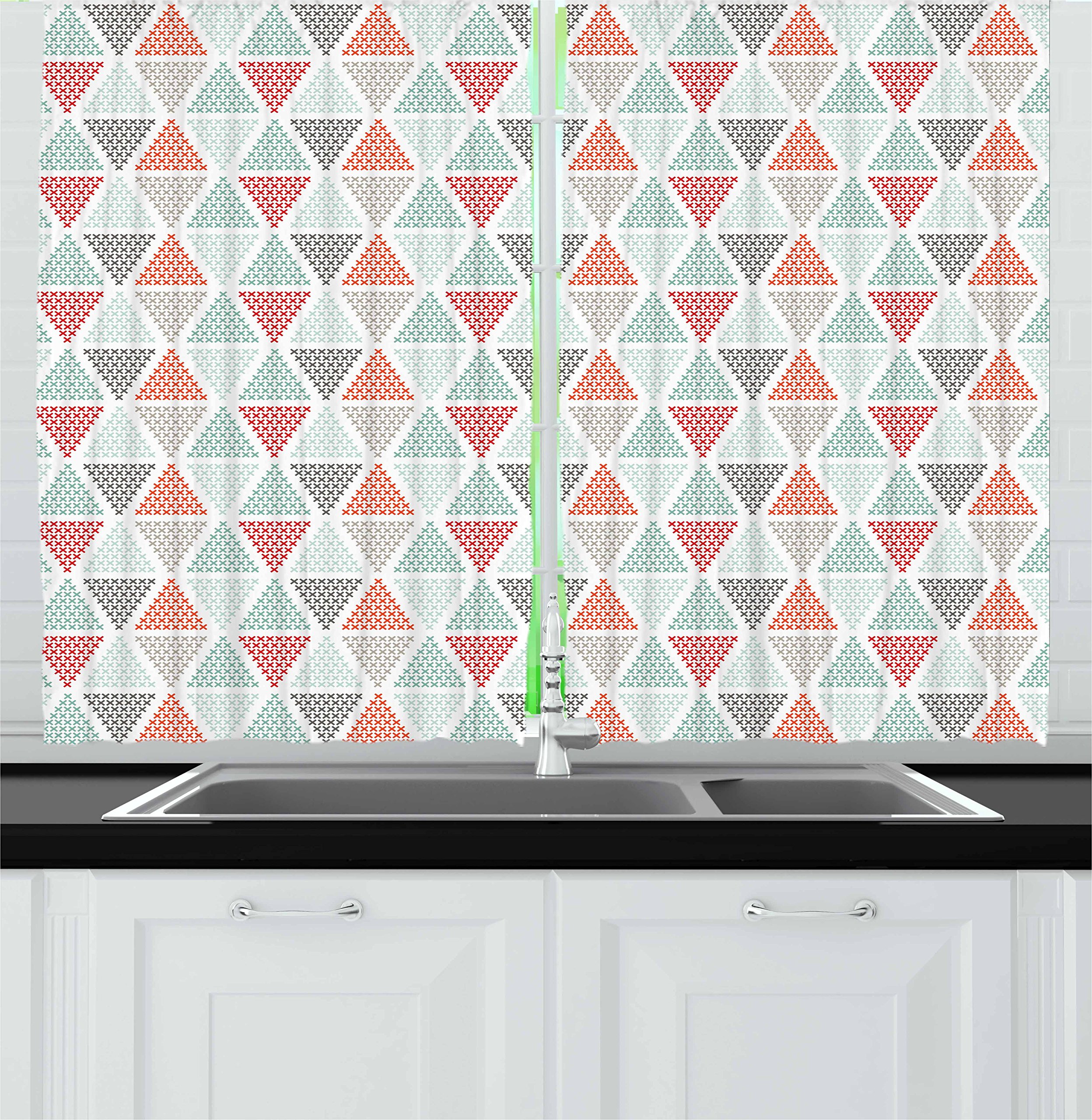 Ambesonne Geometric Kitchen Curtains Set of 2 - Modern Harlequin Pattern with Pastel Crosses, Contemporary Mosaic Design Window Drapes for Kitchen & Cafe Decor, 55