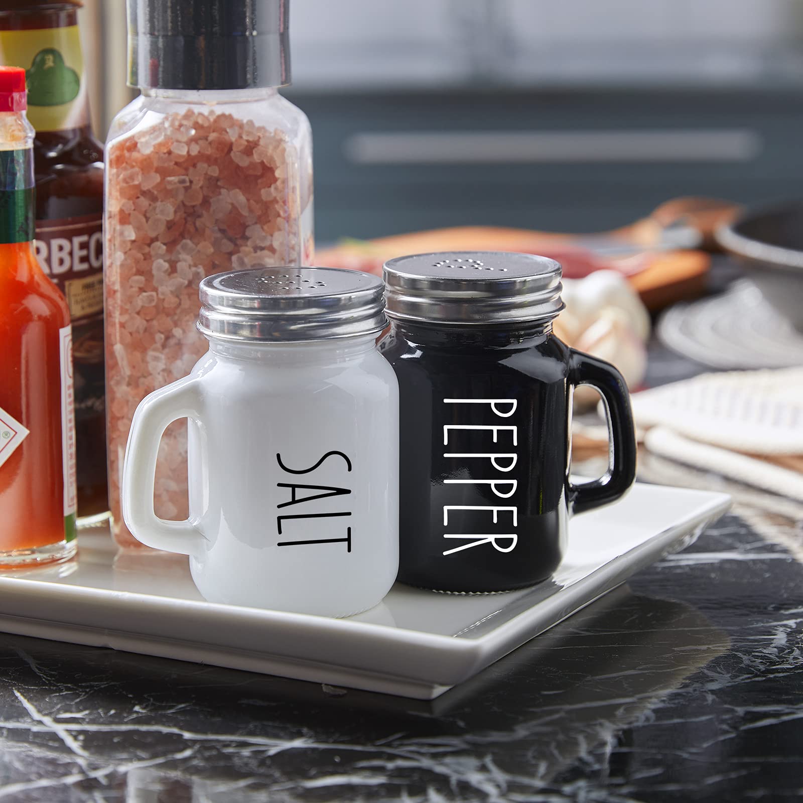 Premium ZOSUJO 4 oz Glass Salt and Pepper Shakers Set - Cute Black & White Kitchen Decor with Stainless Steel Lids - Perfect for Home, Restaurants, Wedding Gifts & Table Setting Accessories