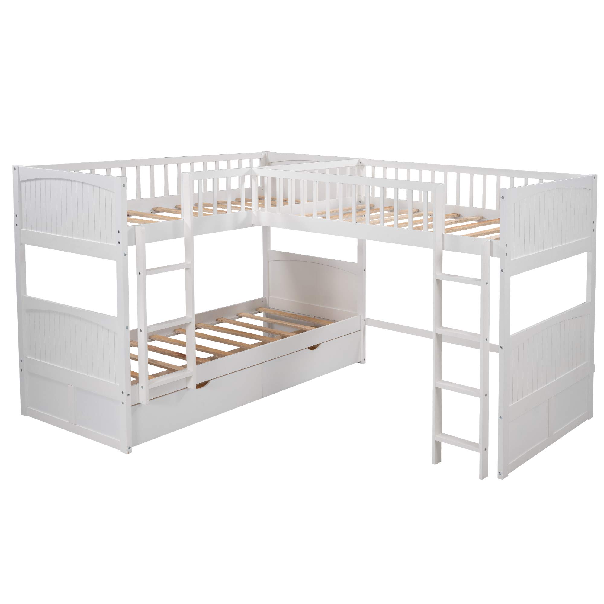 KLMM Twin Over Twin L-Shaped Corner Bunk Bed with Loft - Space-Saving 3-Person Bunk Bed Frame with 2 Storage Drawers & Dual Ladders for Kids, Teens & Adults (White) - Perfect for Small Bedrooms, Guest Rooms & Vacation Homes