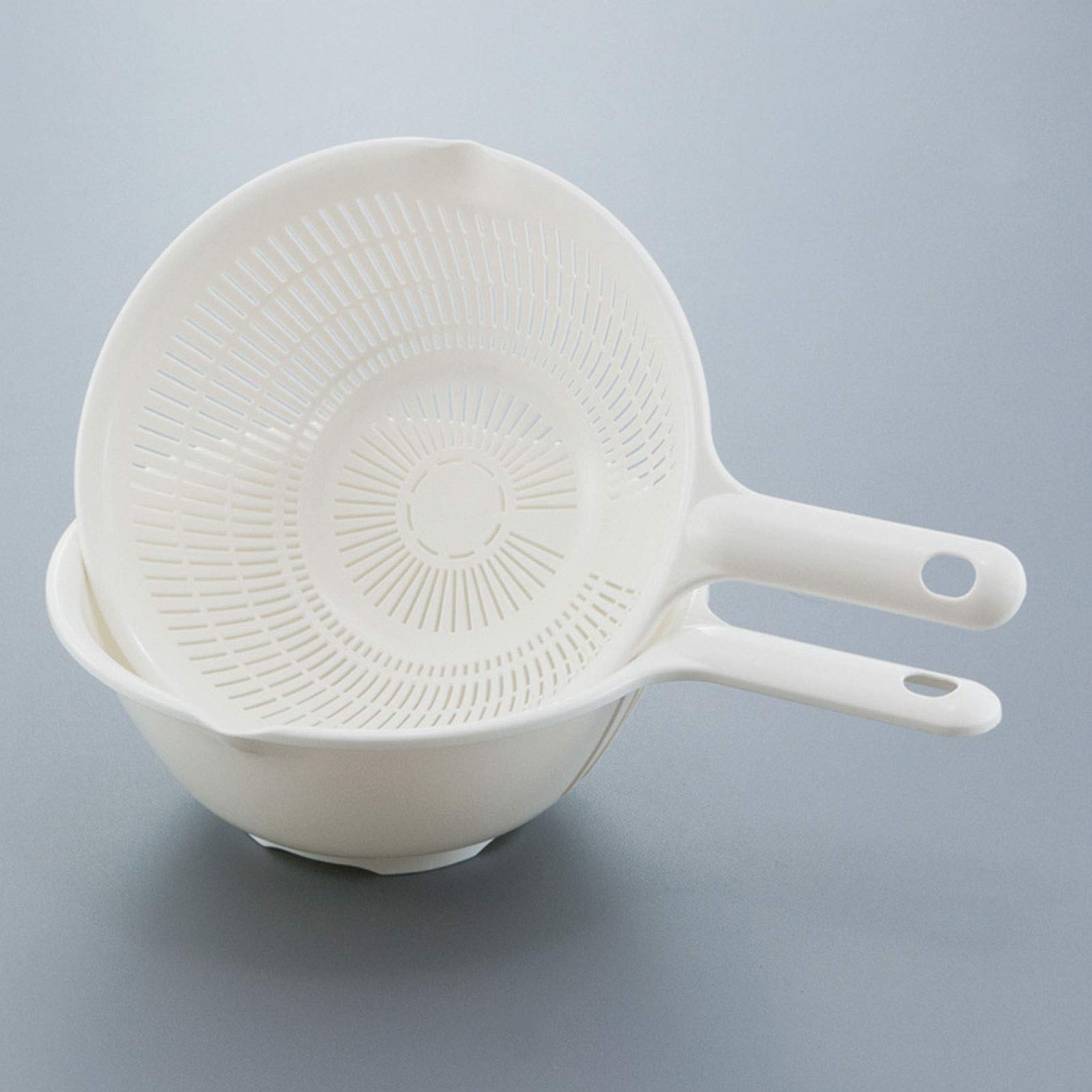 Premium Plastic Colander with Handle - 2-Piece Set for Washing Fruits, Vegetables, Pasta & Salad - Durable Double-Layer Drain Basket for Kitchen Use - Perfect for Meal Prep, Cooking & Healthy Eating (White)