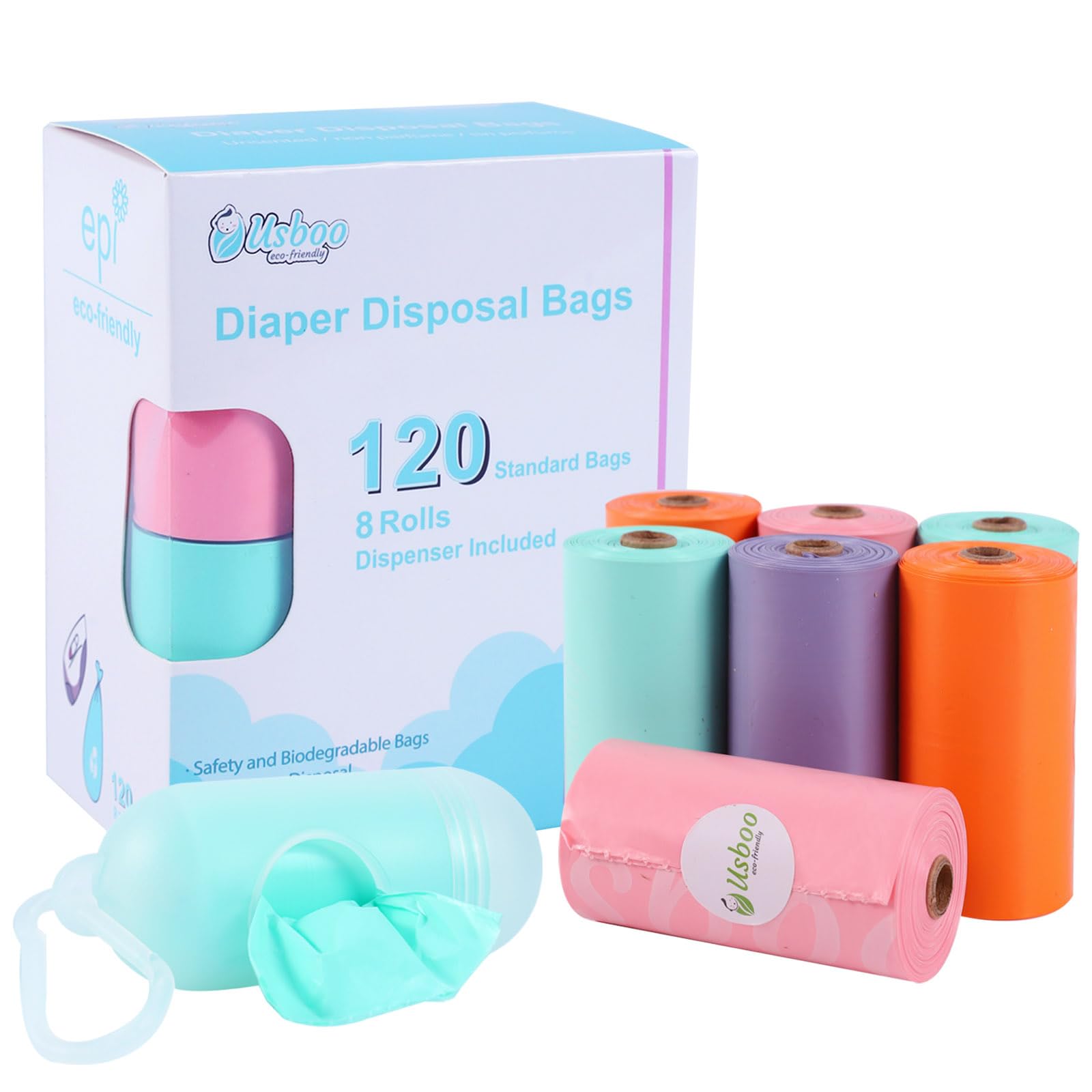 Disposable Diaper Bags for Baby - 8 Refill Rolls (120 Bags) with Dispenser | Convenient & Quick Diaper Disposal | Leak-Proof Poop Bags | Rainbow Colors | Perfect for Diaper Changes, Travel & On-the-Go Parents