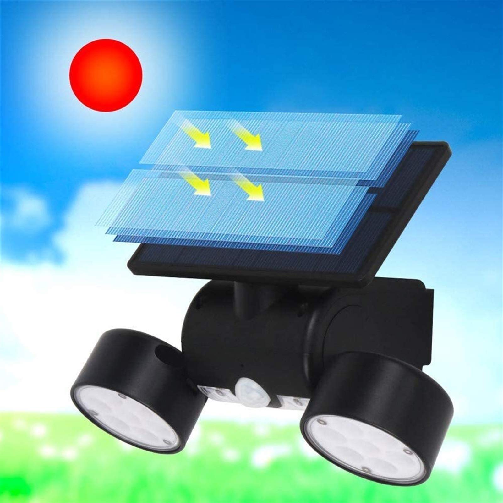 360° Rotatable Solar Security Lights with Motion Sensor - Dual Head LED Wall Mounted Outdoor Solar Lights for Garden, Stairs, Doorway (Black) | Weatherproof & Energy-Efficient Solar Powered Lighting