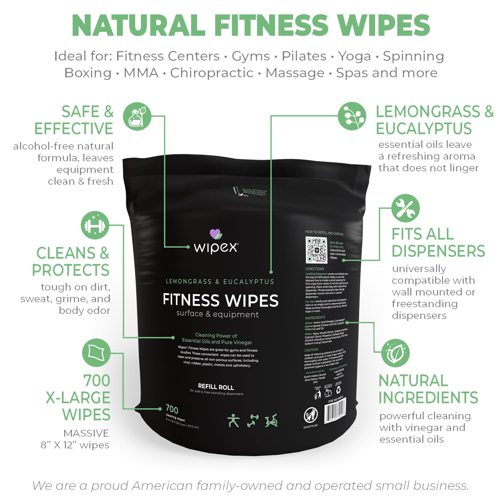 Wipex Gym Wipes for Equipment Cleaning - 700 Large 8x12 Inch Natural Fitness Wipes Refills for Dispensers - Lemongrass & Eucalyptus Oil Disinfectant Wipes, Bulk Multipurpose Surface Cleaning Wipes (1 Pack) - Perfect for Gym Equipment, Yoga Mats & Home Workout Gear