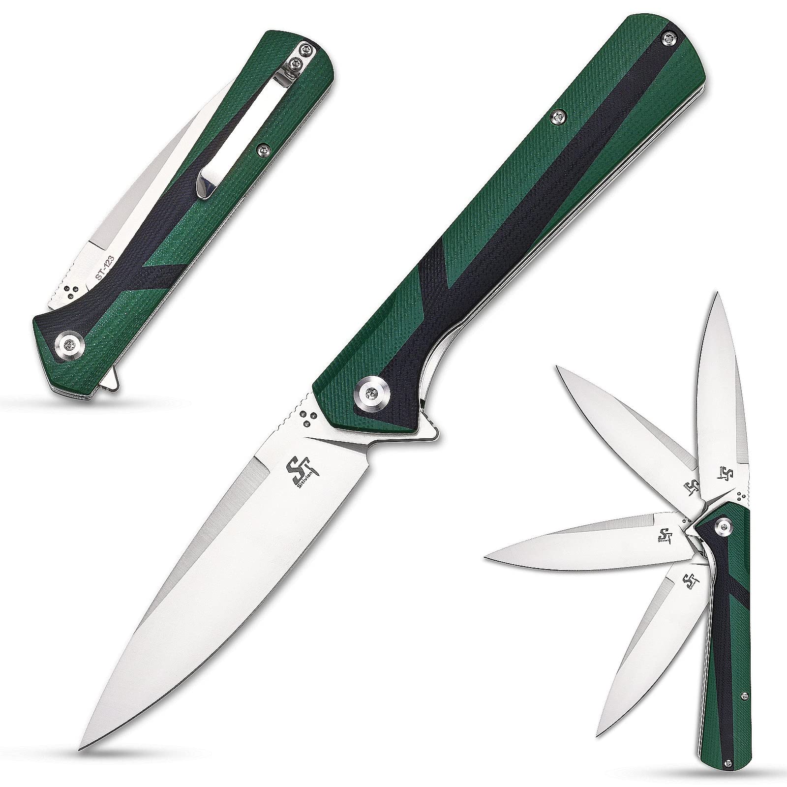 Sitivien ST123 Folding Pocket Knife with D2 Steel Blade & G10 Handle - Tactical EDC Knife with Clip for Outdoor Camping, Hiking, Survival & Everyday Carry (Green) - Perfect for Bushcraft, Hunting & Outdoor Adventures
