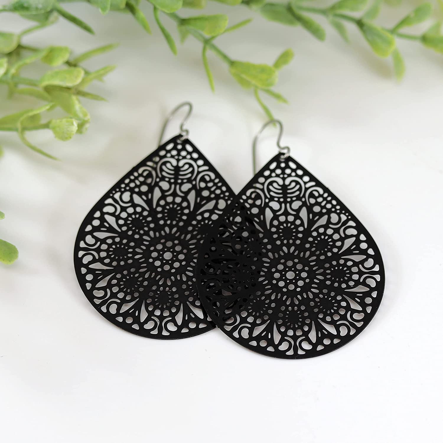 Lightweight Black Lace Cutout Dangle Earrings with Hypoallergenic Titanium Hooks - Elegant Teardrop Design for Women, Perfect for Parties, Weddings & Evening Events