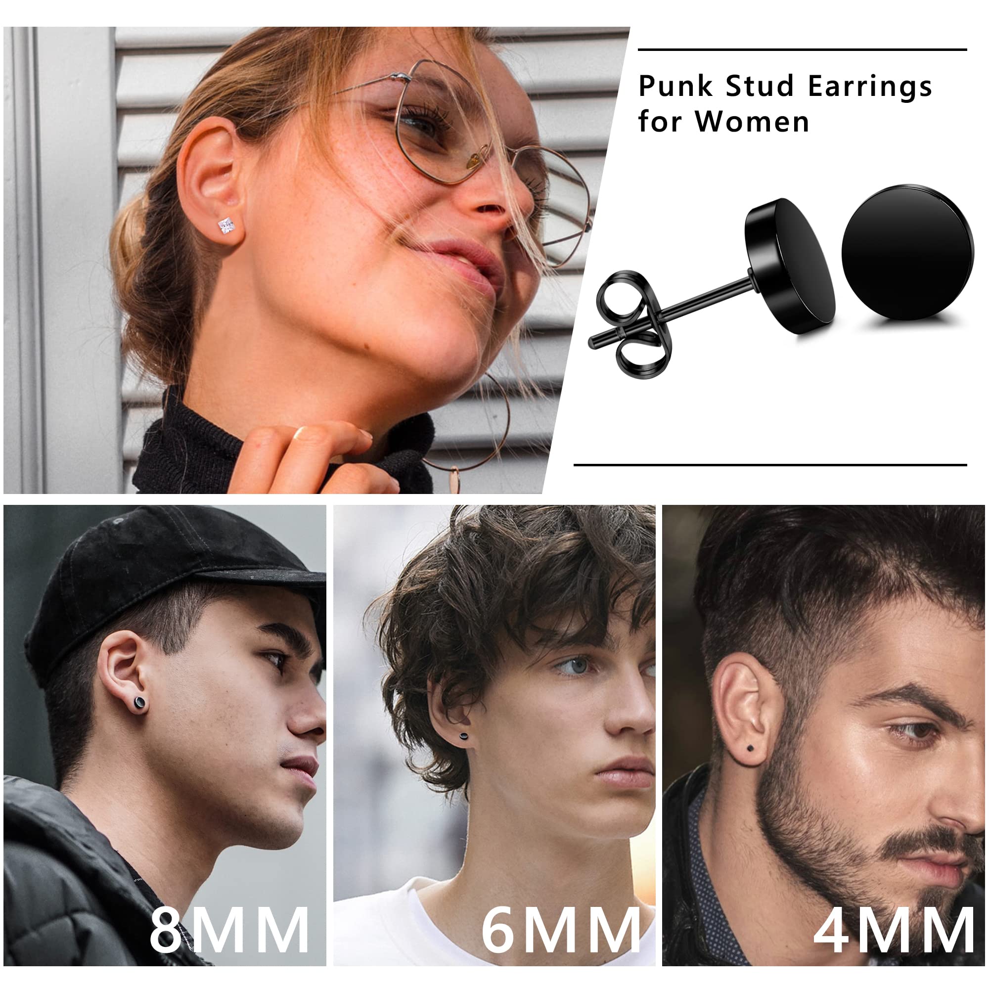 YADOCA 14-Pair Stainless Steel Black Stud Earrings Set for Men & Women | Cubic Zirconia Round Hypoallergenic Unisex Earrings | Perfect Jewelry Gift for Birthday, Anniversary & Everyday Wear