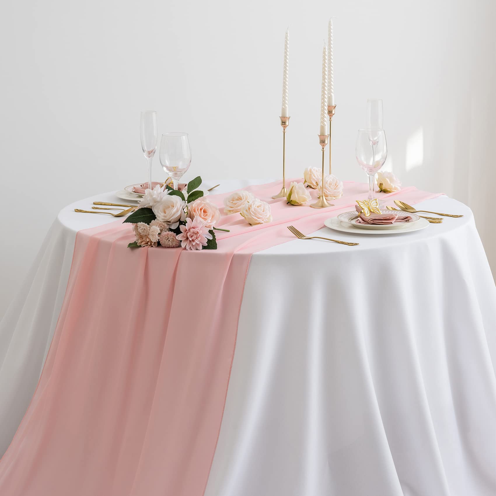 AILITI 12-Pack Light Pink Chiffon Table Runners 29x120 Inches - Elegant Sheer Gauze Table Decor for Weddings, Bridal Showers, Baby Showers & Birthday Parties - Perfect for Cake Tables, Buffets & Romantic Event Decorations