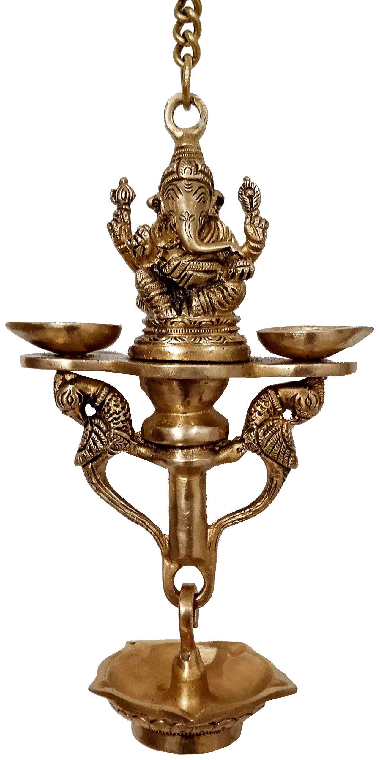 Purpledip Brass Ganesha Nila Vilakku 7-Wick Hanging Diya Oil Lamp - Peacock Design Traditional Deepak for Hindu Pooja (12253) | Perfect for Home Temple Decor, Wedding Ceremonies & Festival Decorations