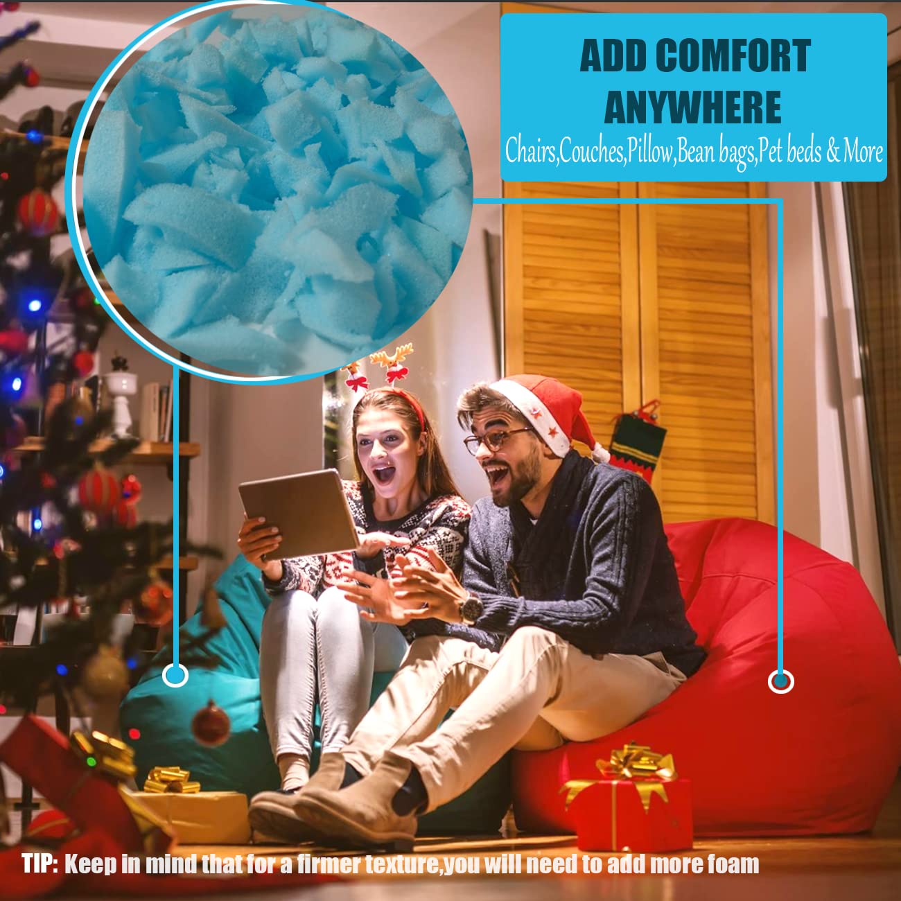 Premium Shredded Memory Foam Bean Bag Filler - 30lb Pack of 6 (Blue) | Perfect Refill for Bean Bag Chairs, Poufs, Stuffed Animals, Ottoman, Couch Cushions & Dog Beds | Ultra-Soft Support for Home, Office & Kids Play Areas