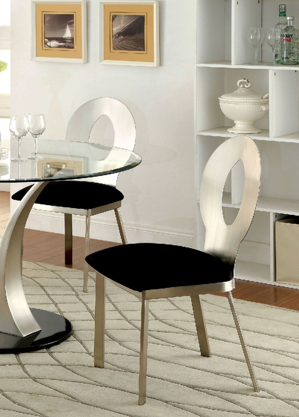Modern Silver Metal Frame 2-Piece Dining Chair Set with Black Microfiber Upholstery - Oval Back Design with Satin Plated Powder Coating | Perfect for Kitchen, Dining Room, Breakfast Nook or Small Space Decor