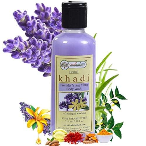 Khadi Rishikesh Lavender & Ylang Ylang Herbal Body Wash for Acne-Prone Skin - Mild Cleanser for Smooth, Nourished Skin - Helps Relax Tired Muscles - Unisex 210ml with Free Bath Loofah Sponge - Perfect for Daily Shower & Spa Relaxation at Home