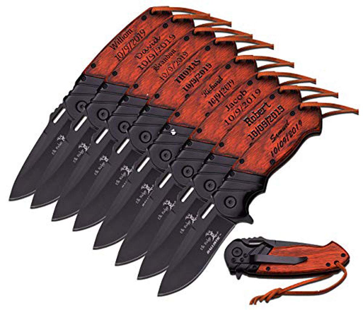 **Custom Engraved Pocket Knife Set of 8 - Personalized Groomsmen Gifts with Metal Blade, Free Monogram - Perfect for Weddings, Camping & Outdoor Adventures (A-003BW-8)**