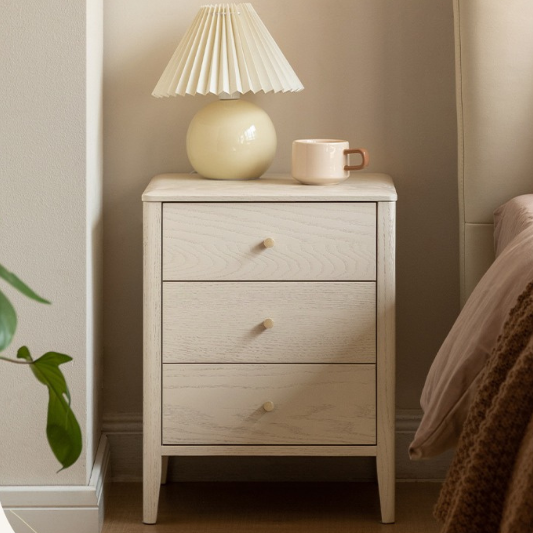 Solid Oak Wood Nightstand - Cream Finish, Modern Bedside Table for Bedroom, Living Room, or Nursery Furniture