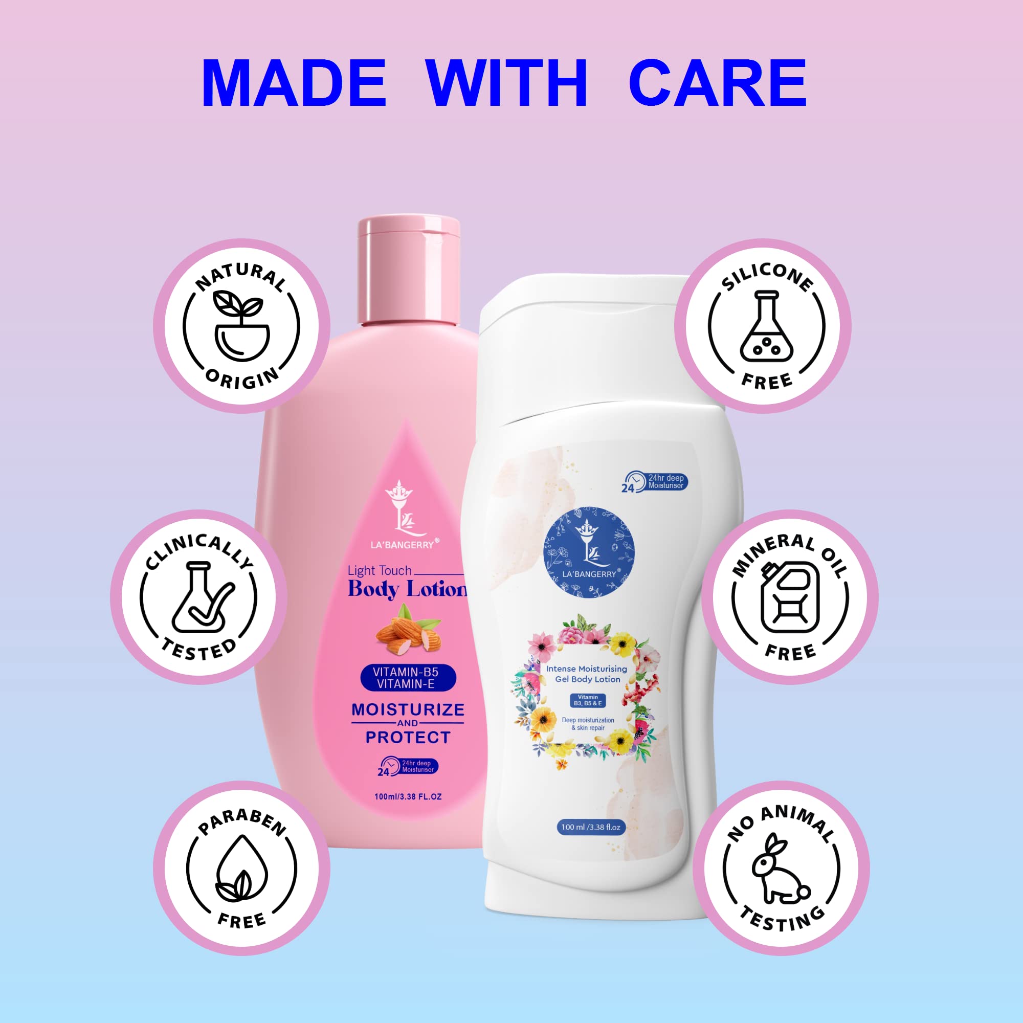 LA'BANGERRY Long Lasting Intense Moisturizing Gel Body Lotion & Light Touch Almond Body Lotion Combo - 24H Hydration for Dry Skin, Day & Night Use for Soft, Healthy Glow | Perfect for Daily Skincare Routine, After Shower & Before Bed
