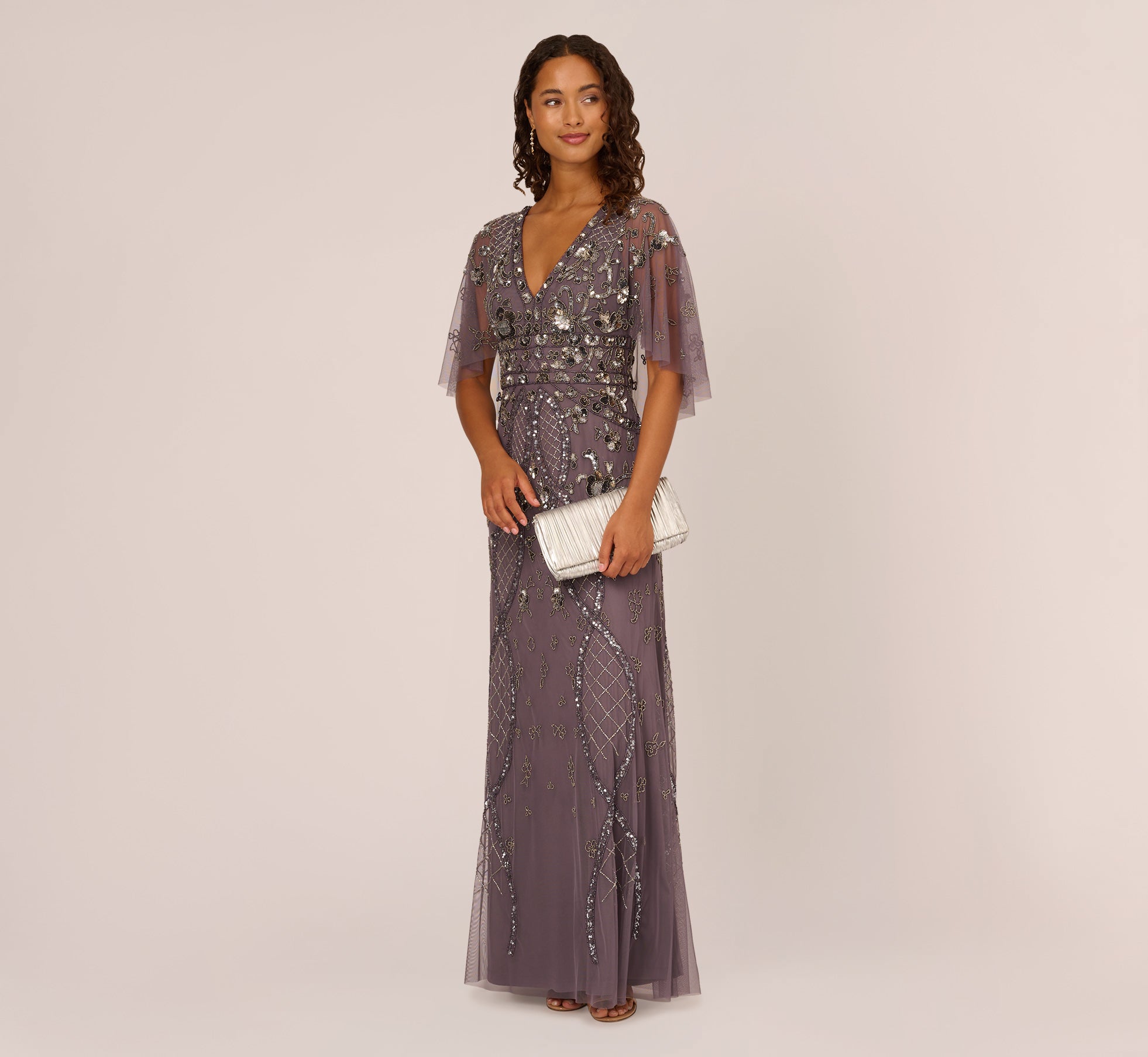 Sequin Beaded Evening Gown with Sheer Cape Sleeves - Elegant Moonscape Design for Prom, Gala & Formal Events