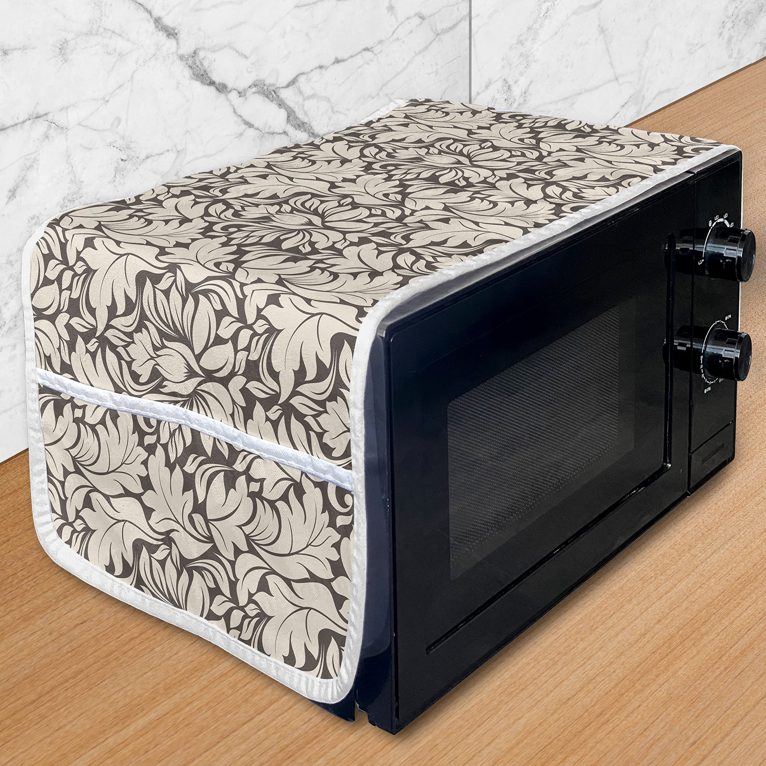 Ambesonne Vintage Leaves Microwave Cover - Waterproof Kitchen Organizer with Pockets, 36x12 Inches, Taupe & Champagne - Perfect for Modern Farmhouse, Apartment & Dorm Room Decor