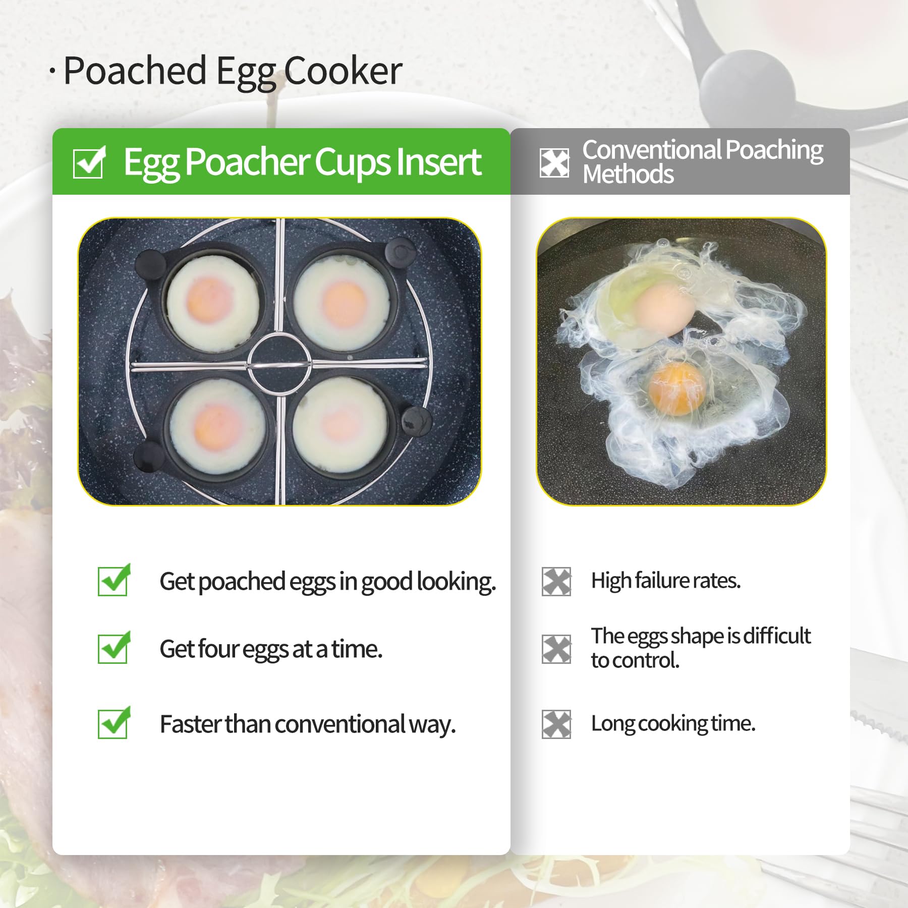 Non-Stick Egg Poacher Insert Set - 4 Stainless Steel Poaching Cups with Steamer Rack & Free Silicone Spatula | Perfect for Eggs Benedict, Breakfast Meal Prep | Compatible with Most Skillets & Pans