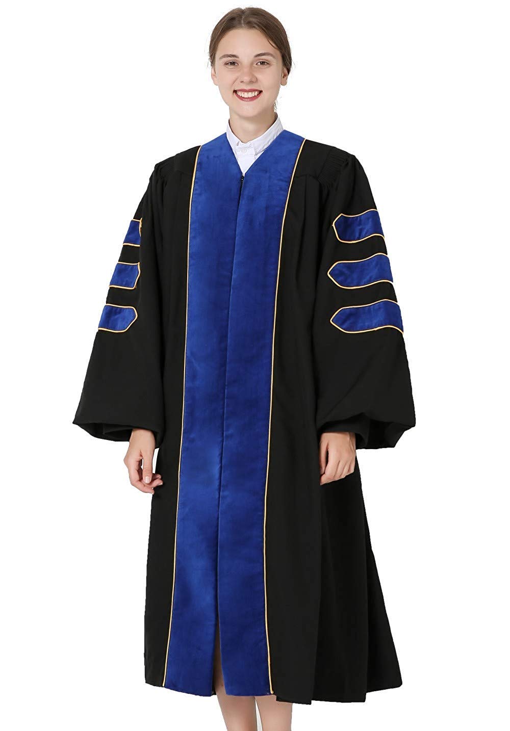 Premium Doctoral Graduation Gown for Faculty & Professors - Velvet Trim with Gold Piping | PhD Graduation Ceremony, Academic Events & Formal Occasions