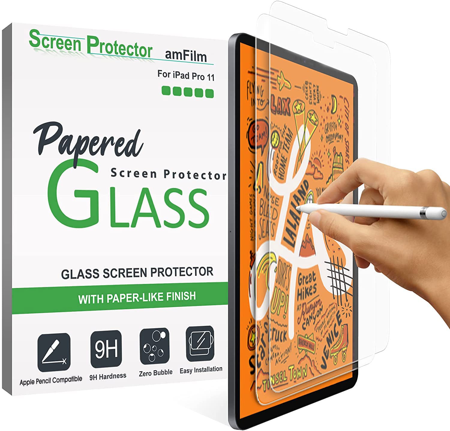 amFilm 2-Pack Matte Paper-Feel Screen Protector for iPad Pro 11 (2021/2022) & iPad Air 5/4 (2020/2022) - Anti-Glare Tempered Glass with Paper Texture - Perfect for Drawing, Note-Taking & Reading in Sunlight