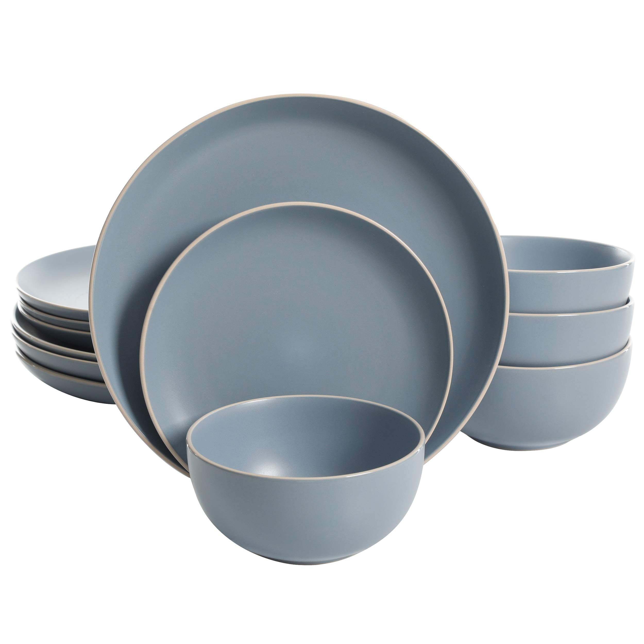 Gibson Home Rockaway Round Stoneware Dinnerware Set for 4 - 12 Piece Blue Ceramic Plates & Bowls | Elegant Table Setting for Family Dinners, Parties & Restaurant Use