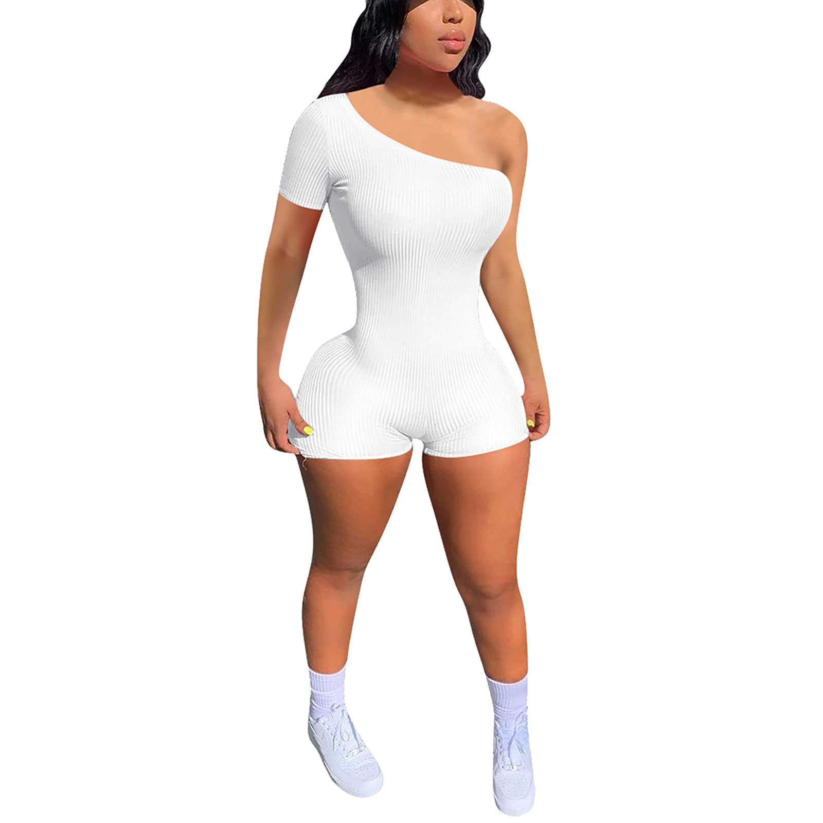 Women's One-Shoulder Short Sleeve Jumpsuit - Summer Fashion Romper with Pockets, Casual Plain Design for Beach, Vacation & Night Out
