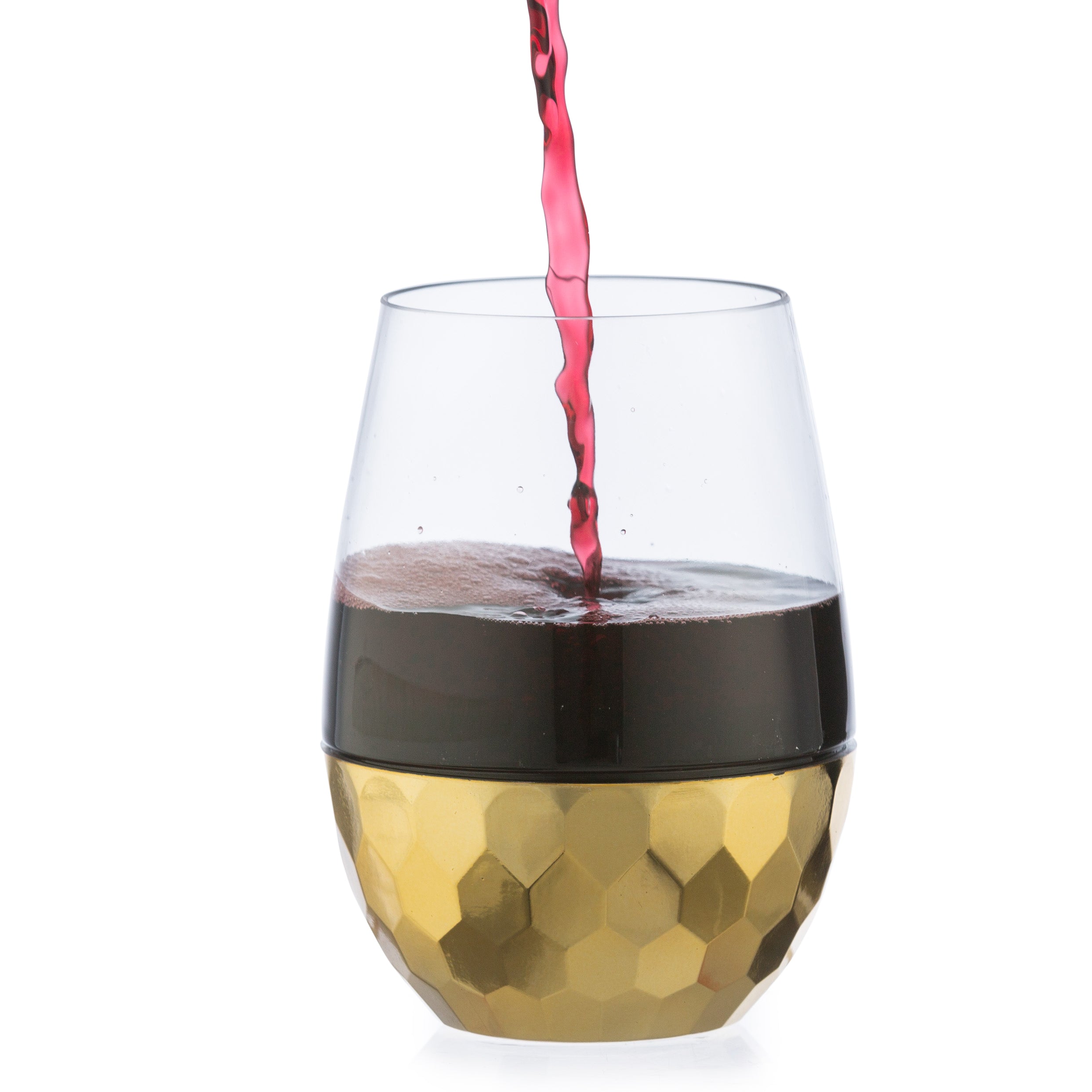 16 Oz Clear Stemless Wine Glasses with Hammered Gold Design - Set of 6 Shatterproof Goblets for Wedding, Party & Home Entertaining