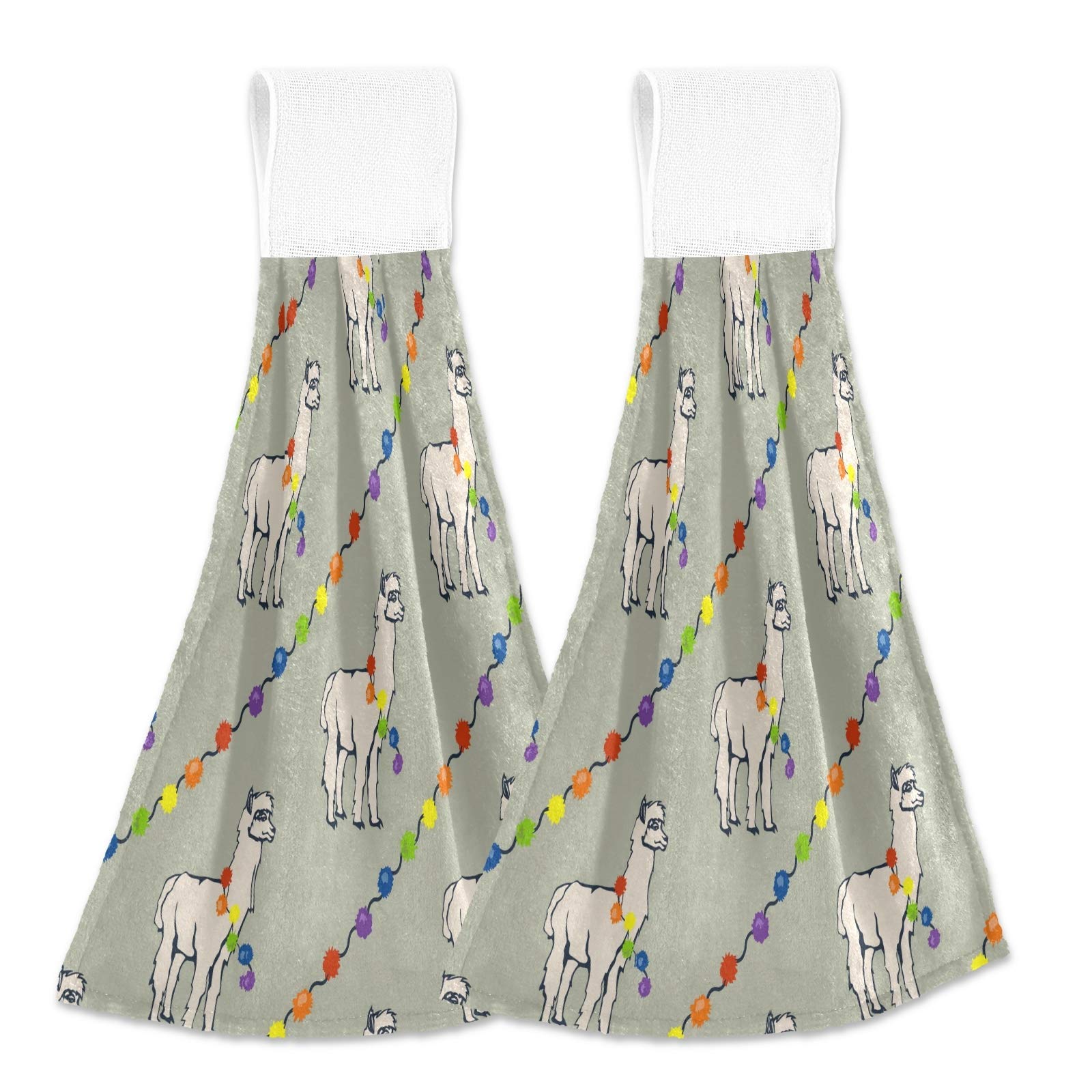 Cute Alpaca Hanging Hand Towel - Soft & Super Absorbent Kitchen Towel with Hook & Loop - Perfect for Kitchen, Bathroom, Bedroom - 2 Pack - Ideal for Drying Hands, Dishes & Decorative Use