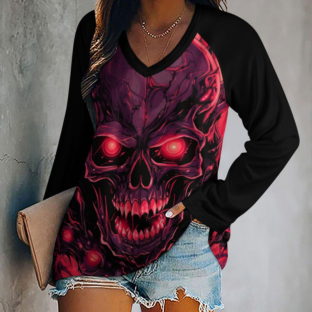 Evil Smiling Skull Print Long Sleeve Loose Fit T-Shirt for Men - Gothic Streetwear, Halloween Costume & Rock Concert Outfit