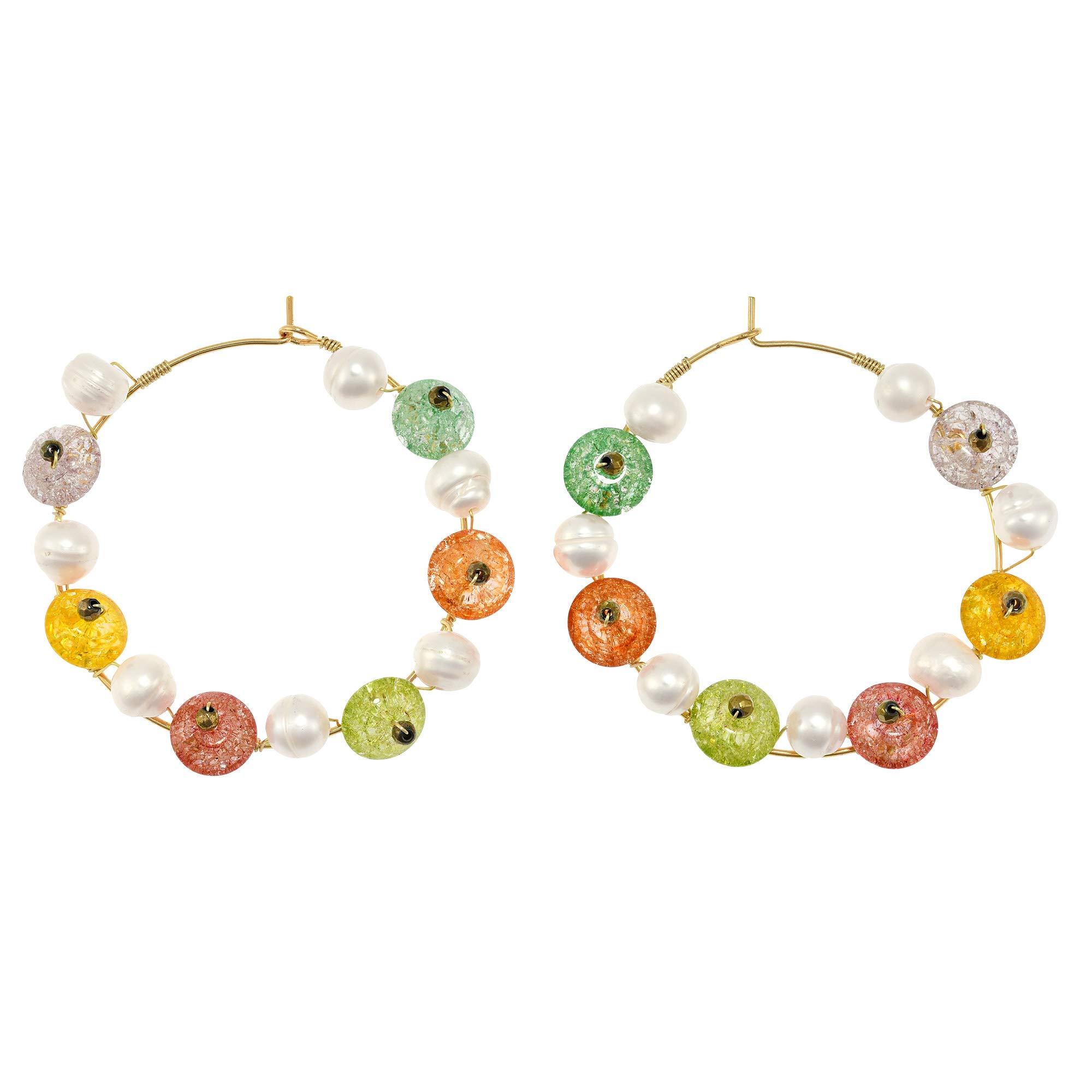 Chic Candy Colored Cultured Freshwater Pearl & Simulated Quartz Brass Hoop Earrings for Women - Elegant Boho Jewelry for Parties, Weddings & Everyday Wear
