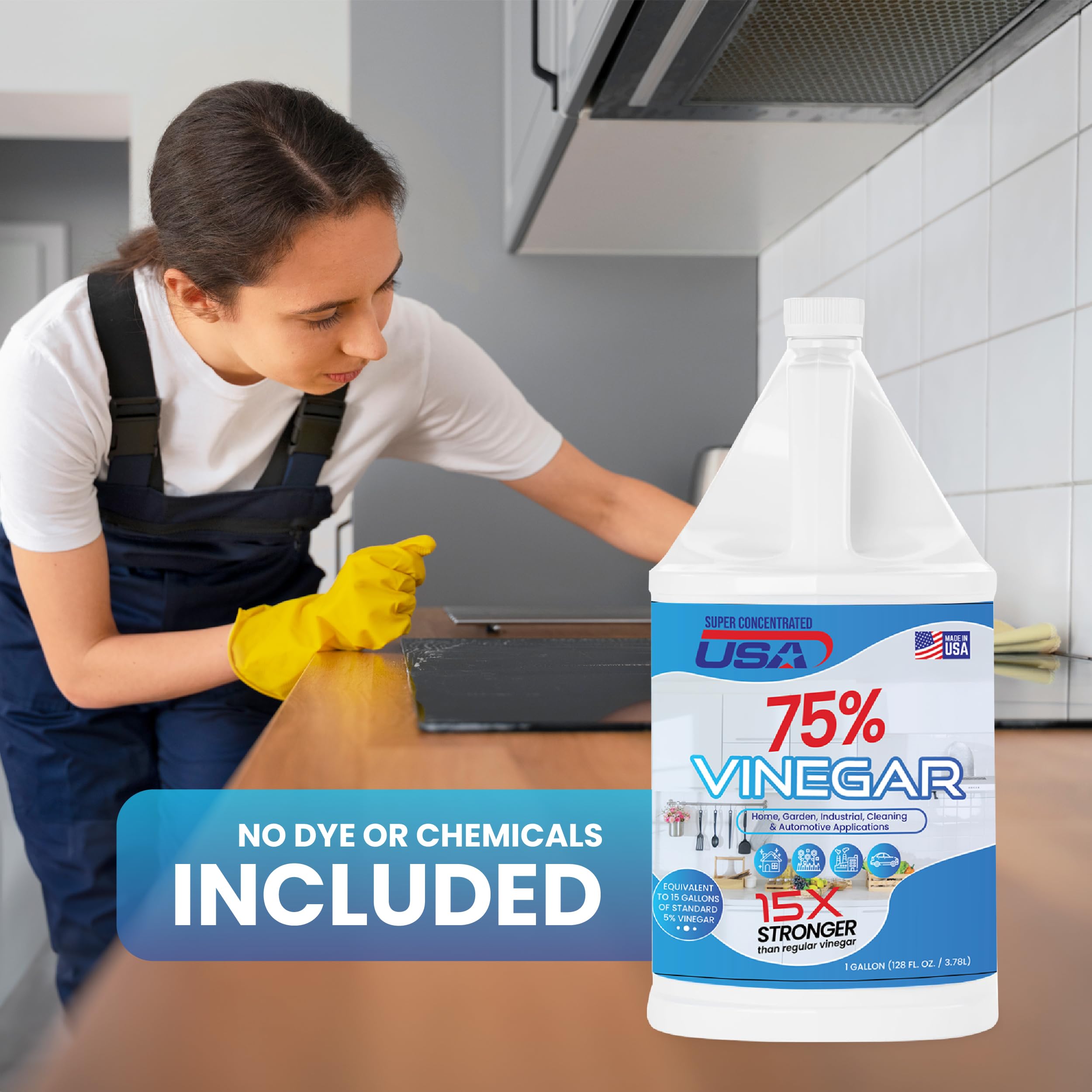 Pure Vinegar Industrial Strength - 1 Gallon Concentrated Cleaning Vinegar (75% Acid) for Kitchen, Bathroom, Floor & Household Cleaning