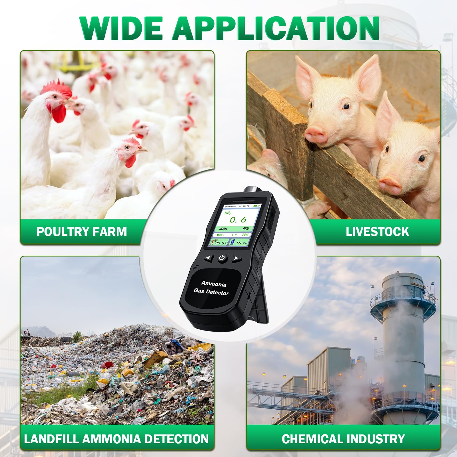 Portable Ammonia Gas Detector 0-200 PPM - Rechargeable Digital NH3 Gas Monitor with Temperature & Humidity Sensor - Ideal for Farms, Poultry Houses, Pig Stables & Livestock Barns - Indoor Air Quality Tester for Agriculture & Animal Husbandry