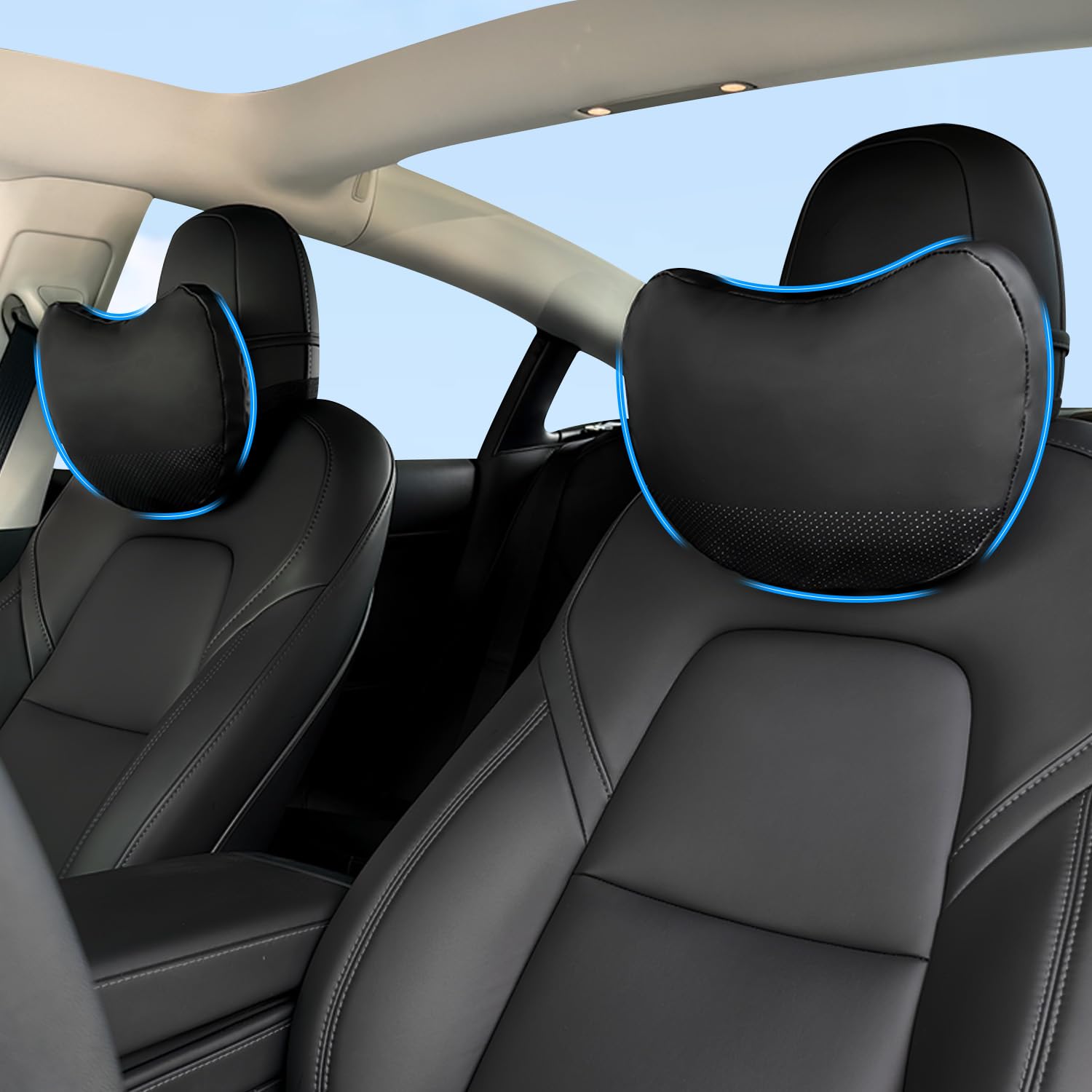 Genuine Nappa Leather Car Headrest Pillow - 2 Pack Ultra Soft Neck Support Pillows for Driving & Travel - Black - Perfect for Long Road Trips & Commuting
