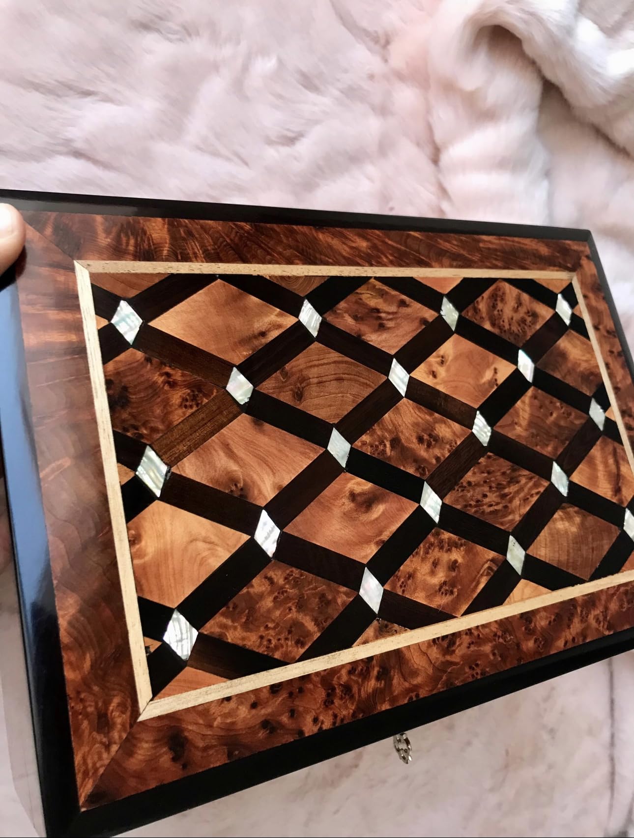 Hand Carved Wooden Jewelry Box - Thuya Burl & Ebony Wood Inlaid with Mother of Pearl - Large Antique Keepsake Storage Box with Lock - Perfect for Organizing Jewelry, Valuables & Home Decor