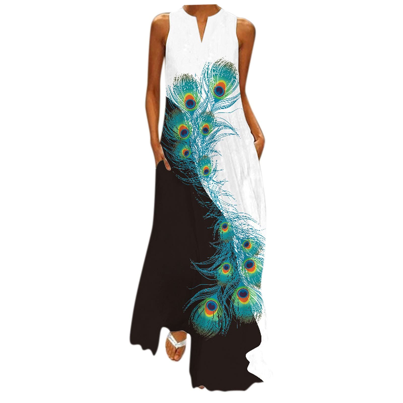 Women's Summer Cami Maxi Dress with Pockets - Sleeveless V-Neck Knit Party Dress in Floral Print | Perfect for Beach Vacations, Date Nights & Summer Weddings