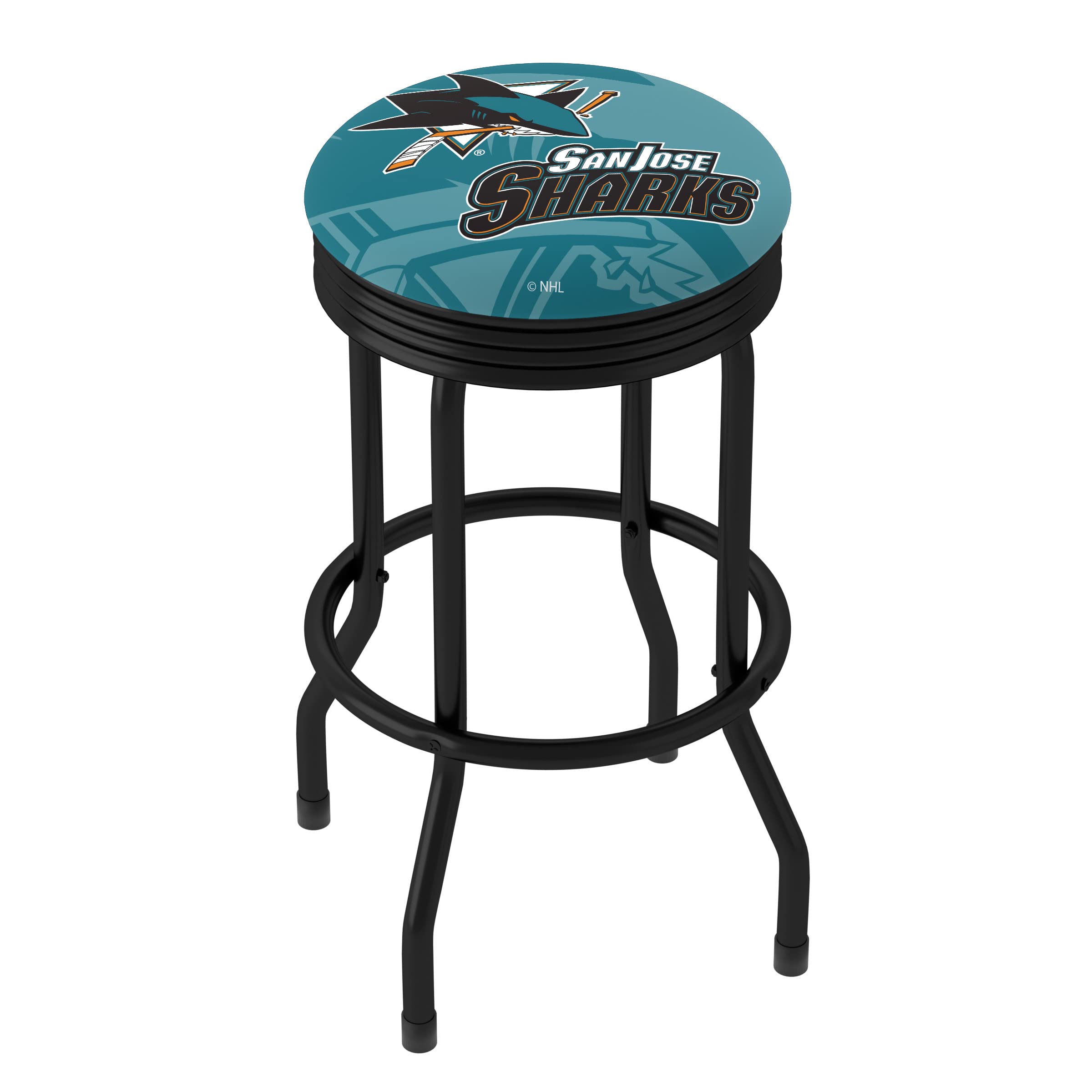 San Jose Sharks Logo Bar Stool - Retro Black Ribbed Swivel Stool for Game Room, Garage & Home Bar - NHL Themed Pub Chair for Sports Fans & Man Cave Decor
