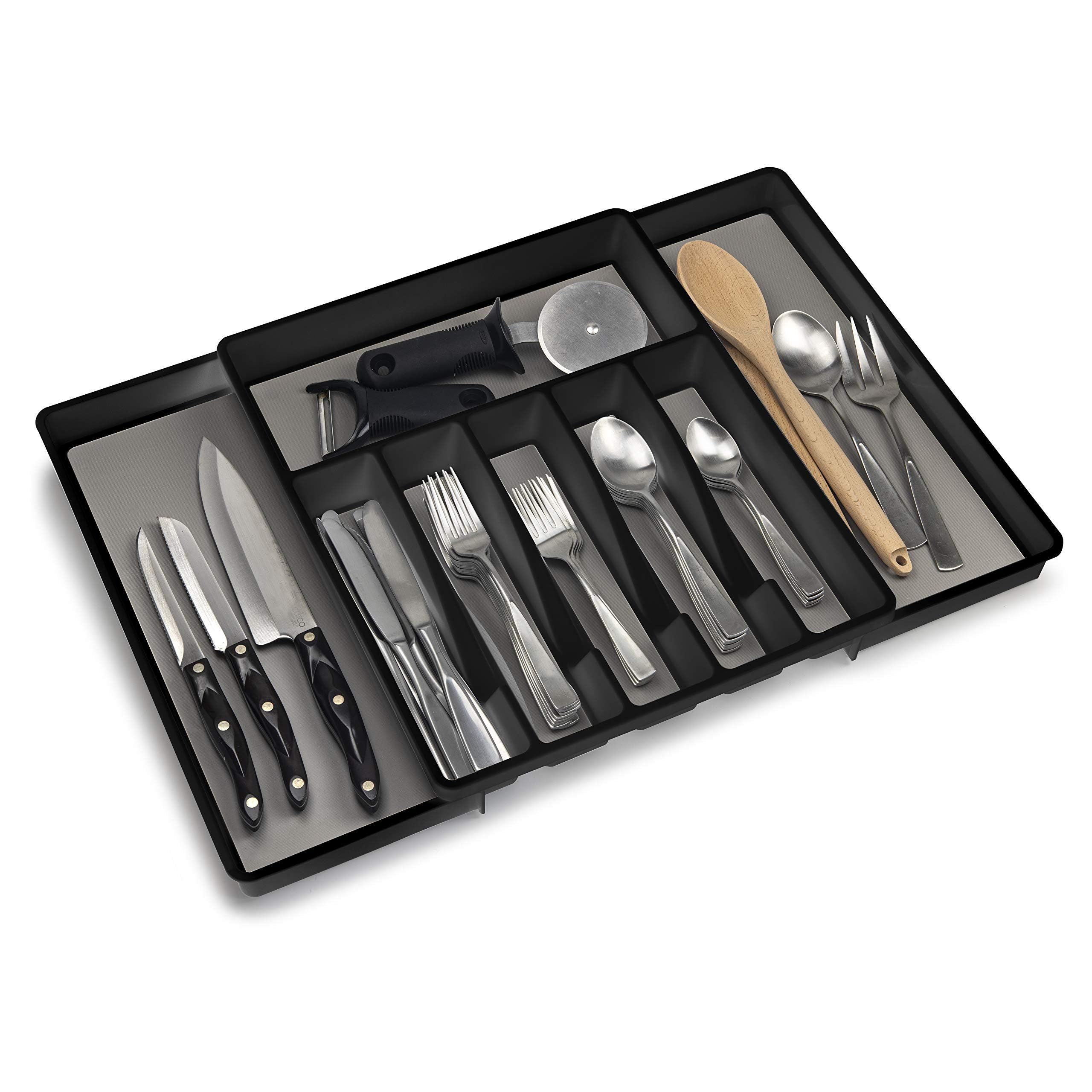 ELTOW Large Expandable Silverware Drawer Organizer - 8 Compartment Non-Slip Adjustable Kitchen Utensil Organizer for Forks, Spoons, Knives - Perfect for Kitchen Drawer Organization & Cutlery Storage (Black)