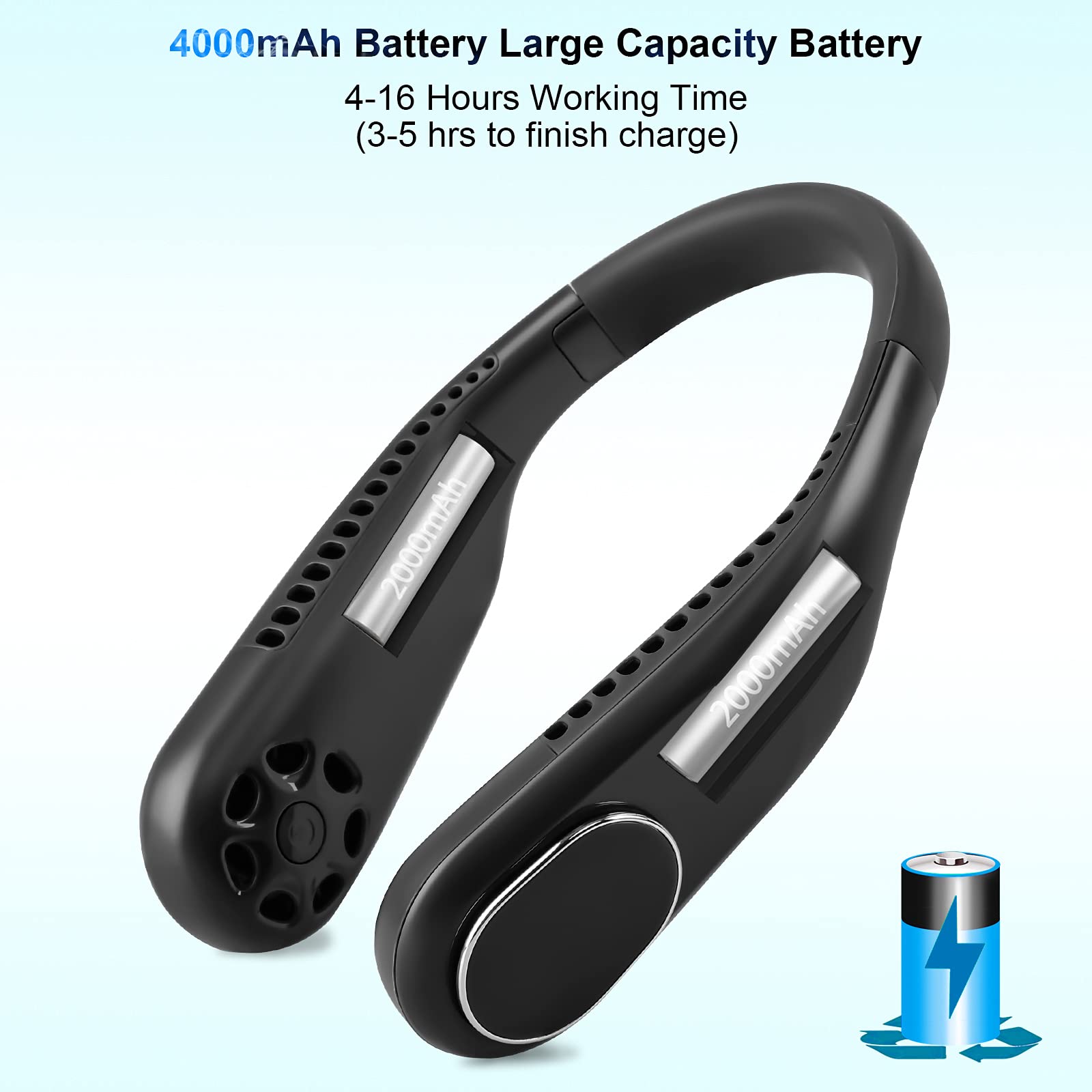Portable Neck Fan with 4000mAh Battery - Hands-Free Bladeless Personal Cooling Fan for Women & Men, 3-Speed Adjustable Headphone Design, 360° Quiet Airflow - Perfect for Office, Gym, Outdoor Activities, Travel & Summer Heat Relief (Black)