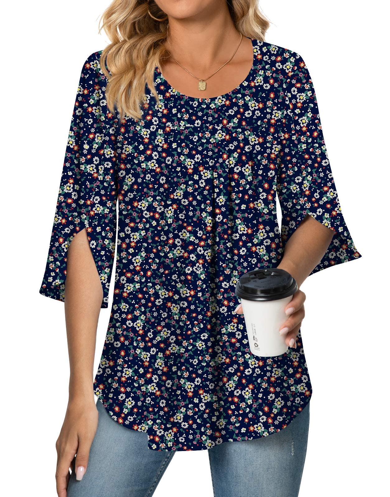 Women's Summer Casual Chiffon Top - Pleated Crewneck Loose Blouse for Leggings | Perfect for Beach Outings, Office Wear & Daily Comfort