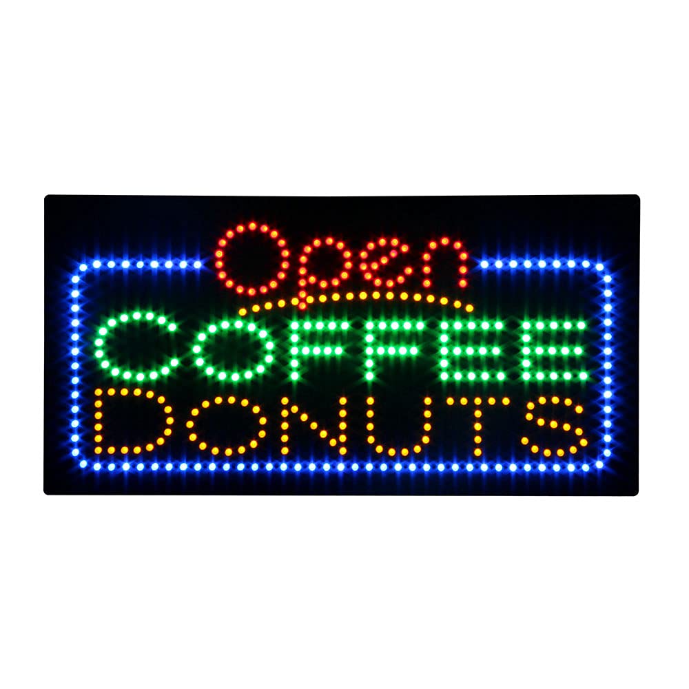 Super Bright LED Open Sign for Coffee & Donut Shops - 24x12 Inch Electric Advertising Display with Doughnut Design - Perfect for Window Decor, Storefronts & Business Promotion