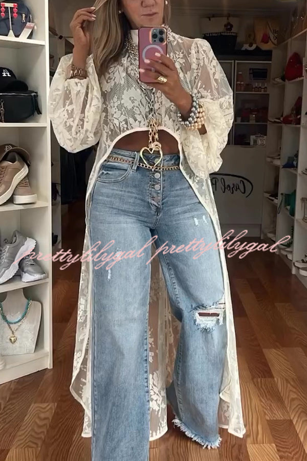 Tanya Lace Pattern Mock Neck Balloon Sleeve High-Low Maxi Top Women's Fashion Blouse | Elegant Lace Design for Parties, Weddings & Special Occasions
